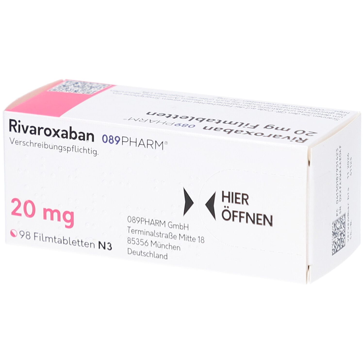 RIVAROXABAN 089PHARM 20 mg Filmtabletten-Packung. Weiße Schachtel mit rosa Akzenten. Aufschrift: 20 mg, 98 Filmtabletten. Pfeil: Hier öffnen.