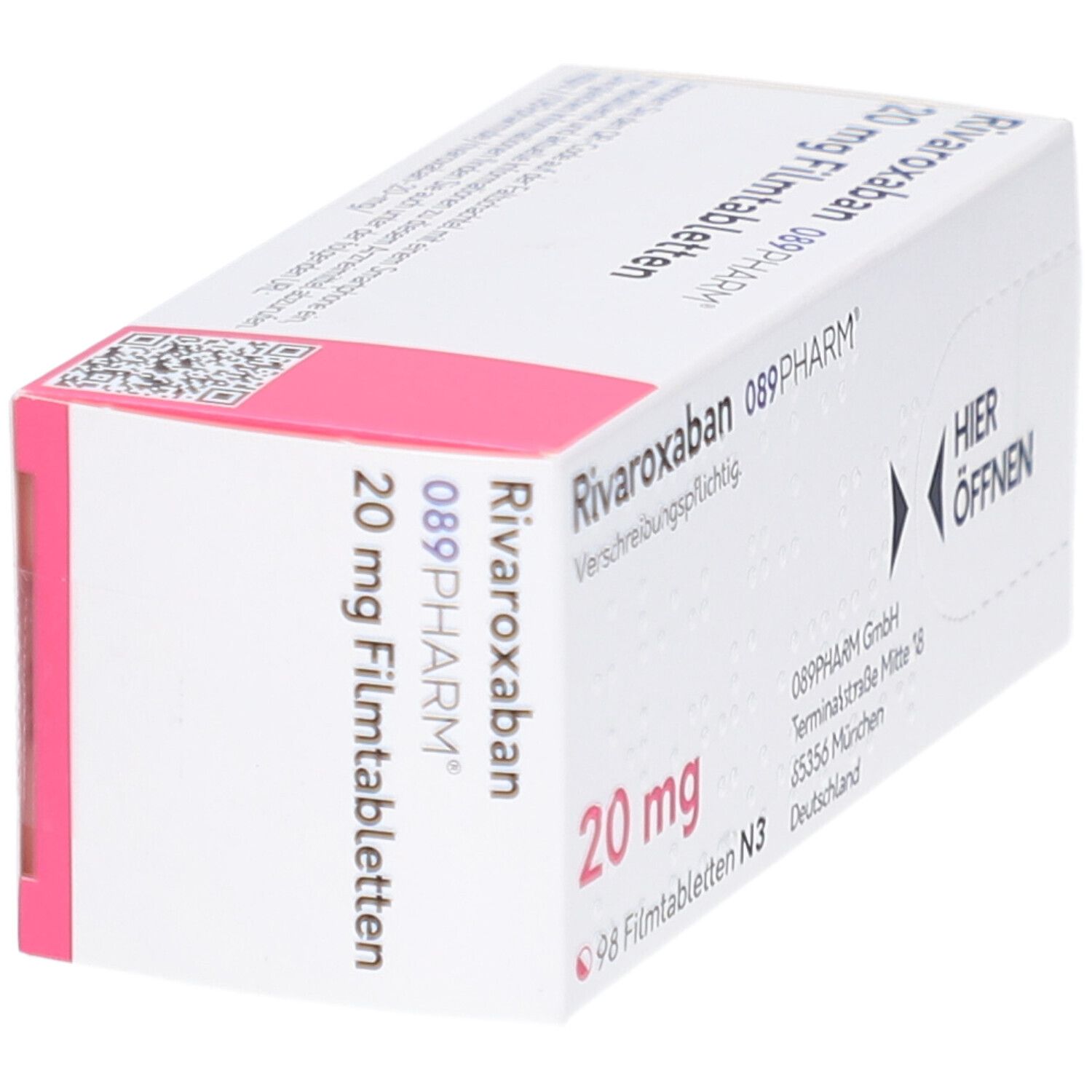 RIVAROXABAN 089PHARM 20 mg Filmtabletten-Packung. Weiße Schachtel mit rosa Akzenten. Aufschrift: 20 mg, 98 Filmtabletten. Ansicht schräg.