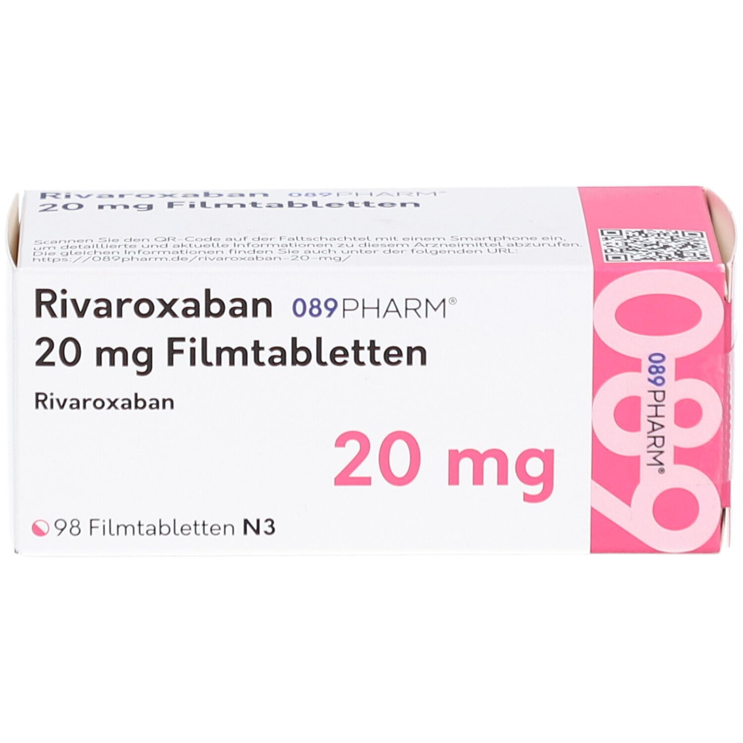 RIVAROXABAN 089PHARM 20 mg Filmtabletten-Packung. Weiße Schachtel mit rosa Akzenten. Aufschrift: 20 mg, 98 Filmtabletten. Ansicht von oben.