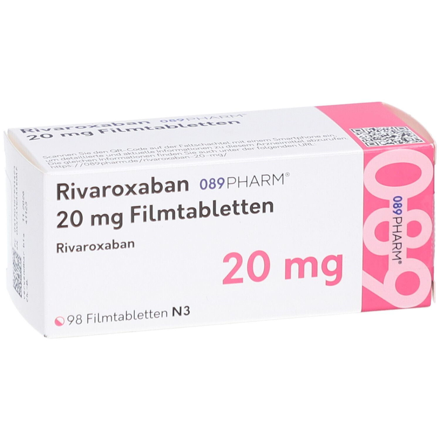 RIVAROXABAN 089PHARM 20 mg Filmtabletten-Packung. Weiße Schachtel mit rosa Akzenten. Aufschrift: 20 mg, 98 Filmtabletten.
