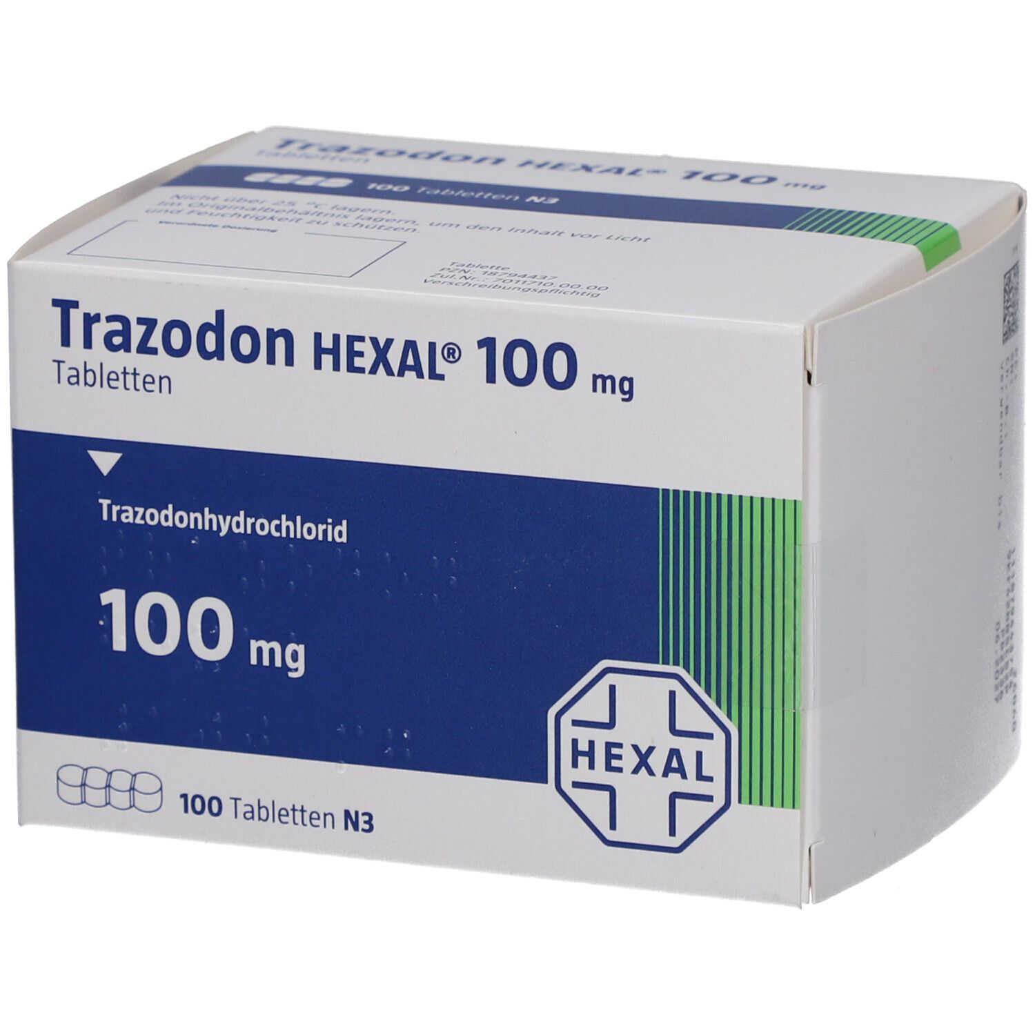 Schachtel mit "Trazodon HEXAL 100 mg Tabletten". Blaue und weiße Verpackung mit Produktinformationen und HEXAL-Logo.