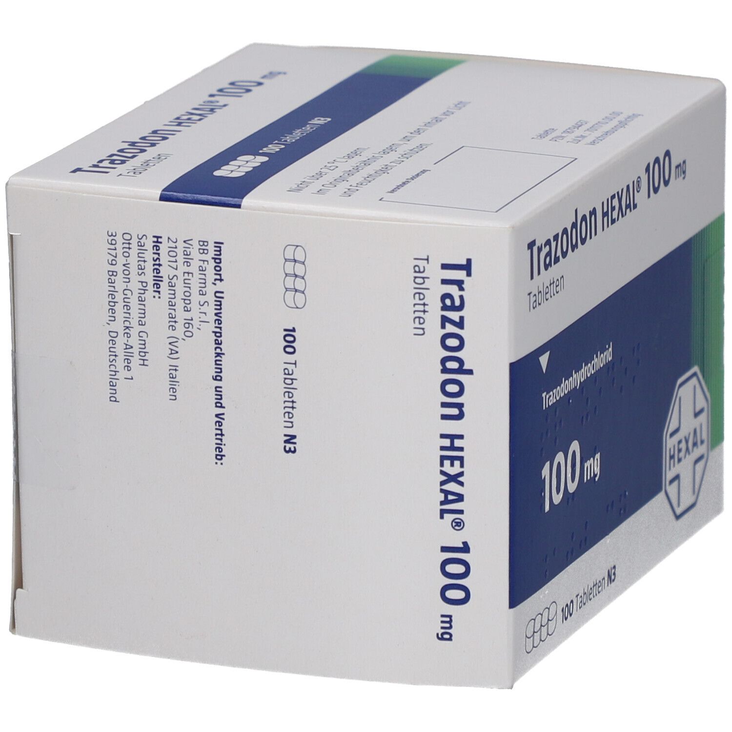 Schachtel "Trazodon HEXAL 100 mg Tabletten". Weiße Verpackung mit Produktinformationen, HEXAL-Logo und Herstelleradresse.