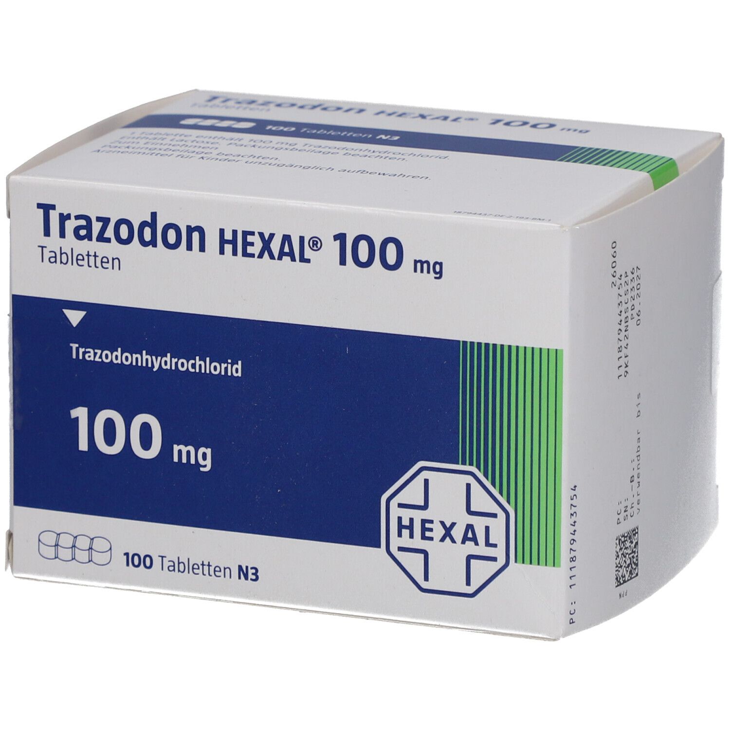 Schachtel "Trazodon HEXAL 100 mg Tabletten". Blaue und weiße Verpackung mit Produktinformationen und HEXAL-Logo.