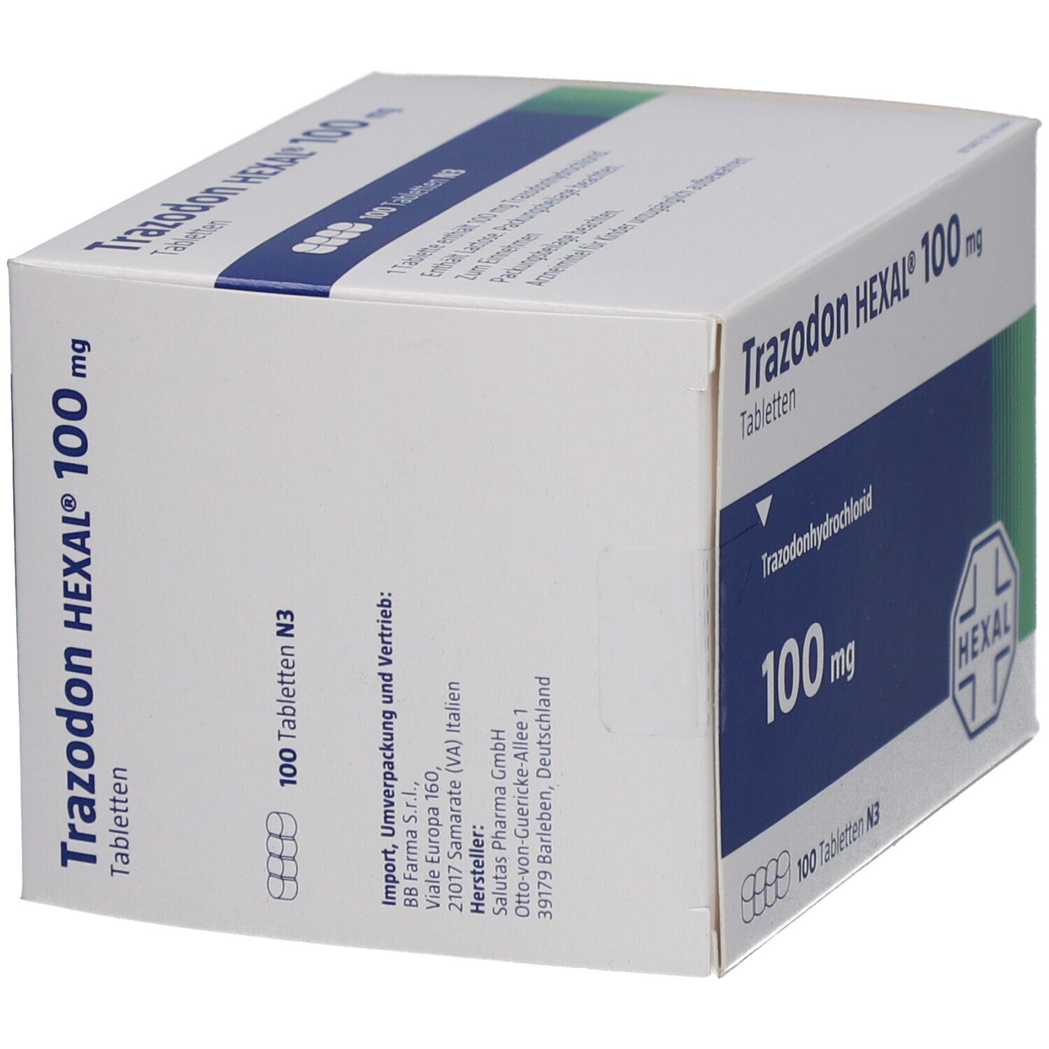 Schachtel "Trazodon HEXAL 100 mg Tabletten". Weiße Verpackung mit Produktinformationen und HEXAL-Logo.