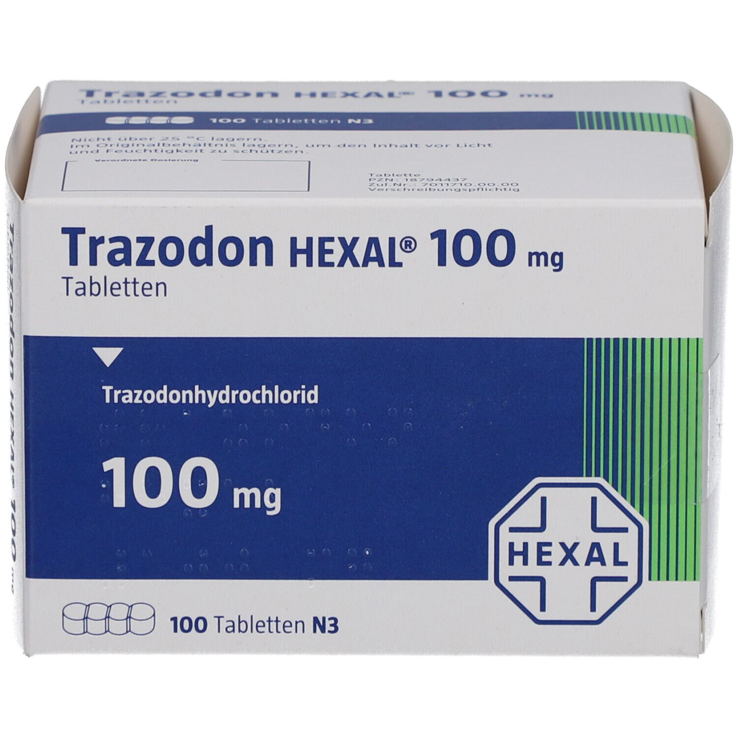 Schachtel "Trazodon HEXAL 100 mg Tabletten". Blaue und weiße Verpackung mit Produktinformationen und HEXAL-Logo.