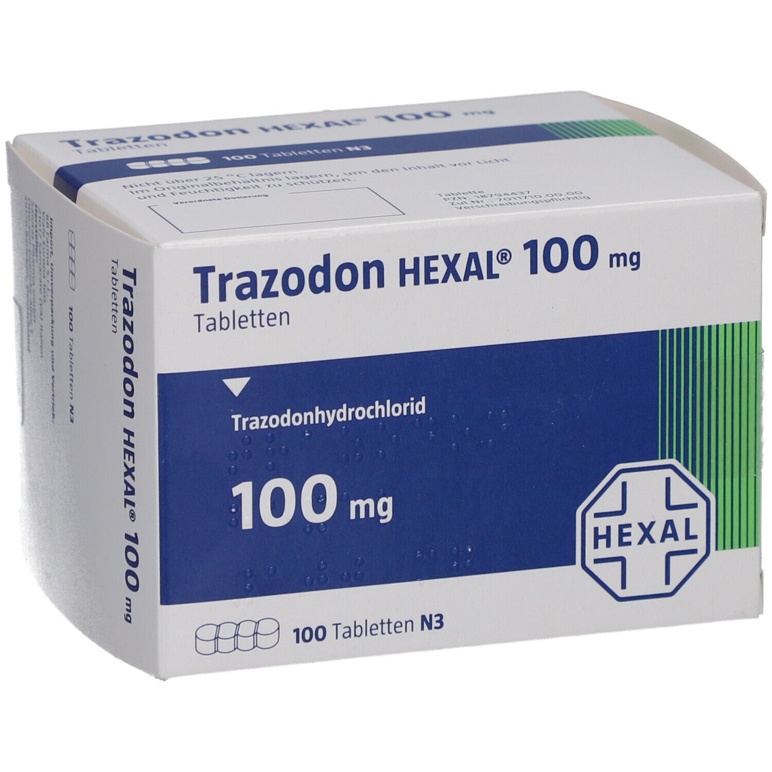 Schachtel "Trazodon HEXAL 100 mg Tabletten". Blaue und weiße Verpackung mit Produktinformationen und HEXAL-Logo.