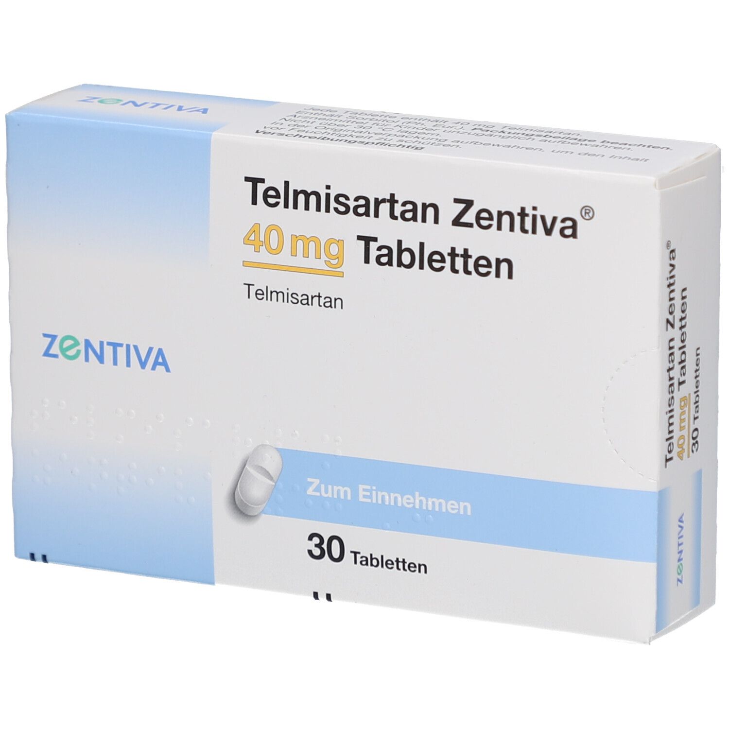 Schachtel mit Telmisartan Zentiva 40 mg Tabletten. 30 Tabletten. Aufschrift: Zum Einnehmen. Tablette abgebildet.