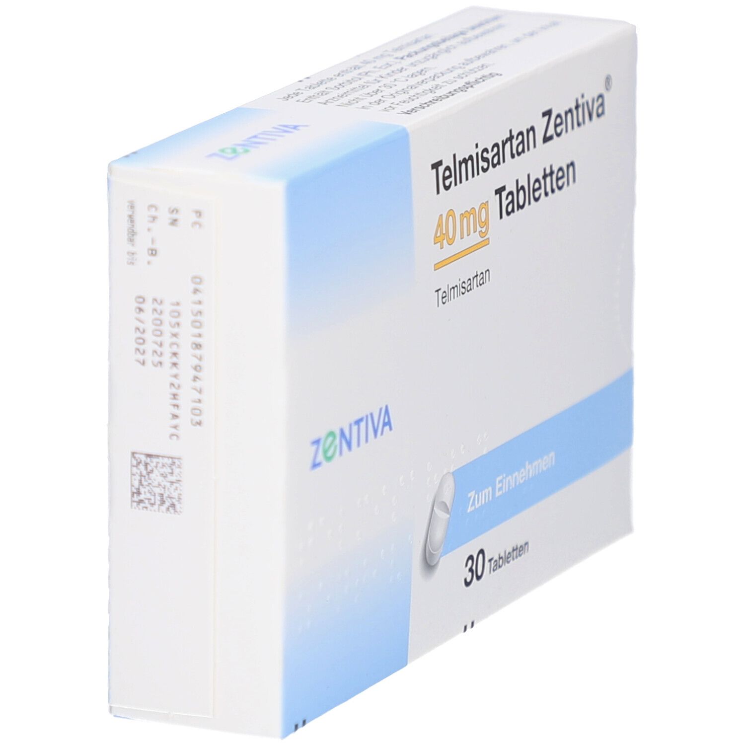 Schachtel Telmisartan Zentiva 40 mg Tabletten. Seitenansicht. Aufdruck: 30 Tabletten. Barcode und Chargennummer.