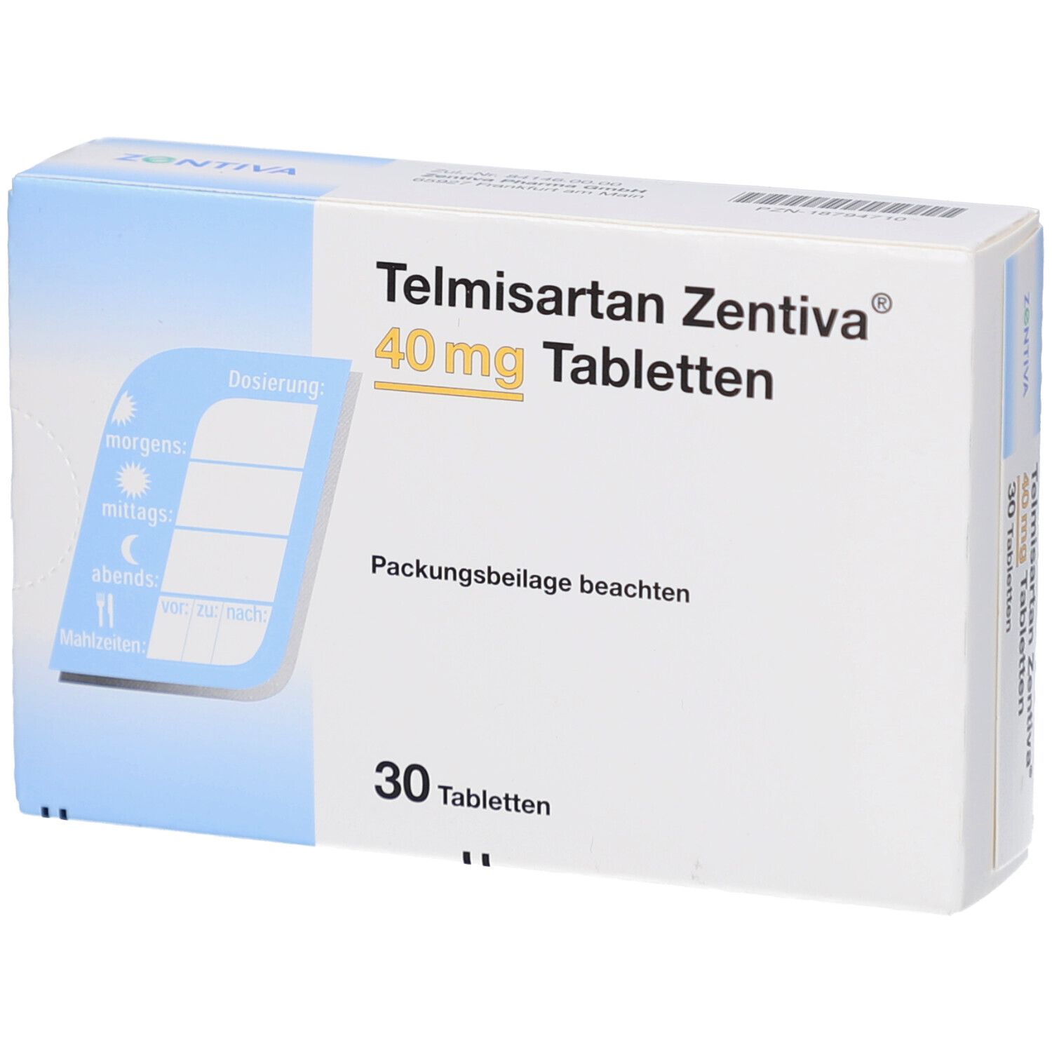 Schachtel Telmisartan Zentiva 40 mg Tabletten. Aufdruck: 30 Tabletten. Dosierungshinweis. Packungsbeilage beachten.