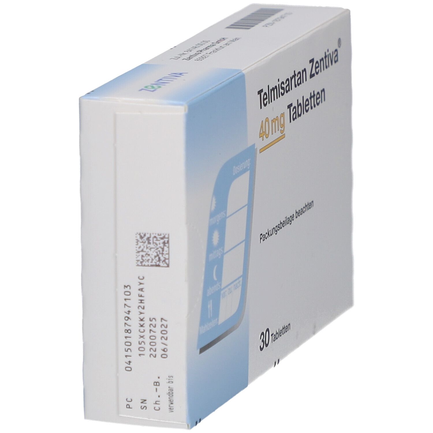 Schachtel Telmisartan Zentiva 40 mg Tabletten. Seitenansicht. Aufdruck: 30 Tabletten. Barcode und Chargennummer.