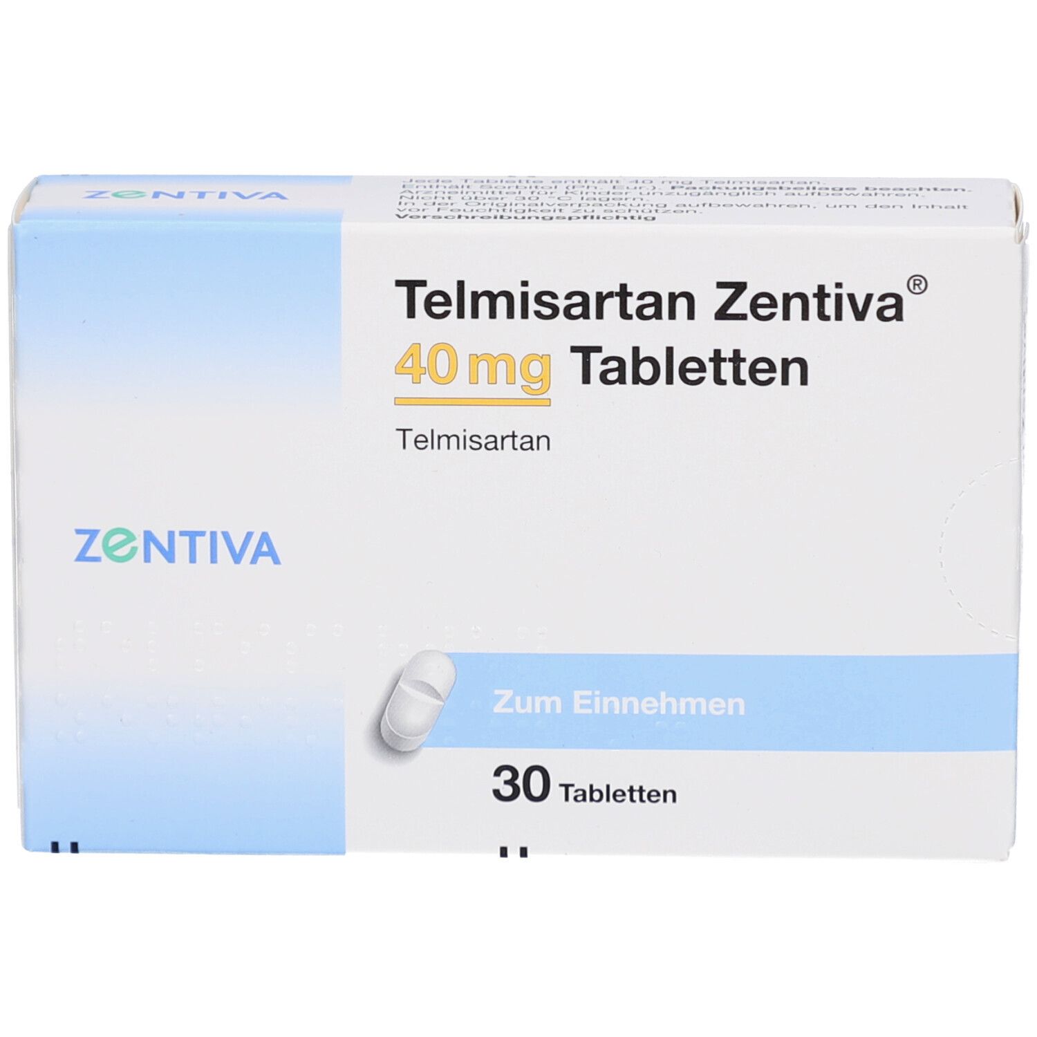 Schachtel Telmisartan Zentiva 40 mg Tabletten. 30 Tabletten. Aufschrift: Zum Einnehmen. Tablette abgebildet.