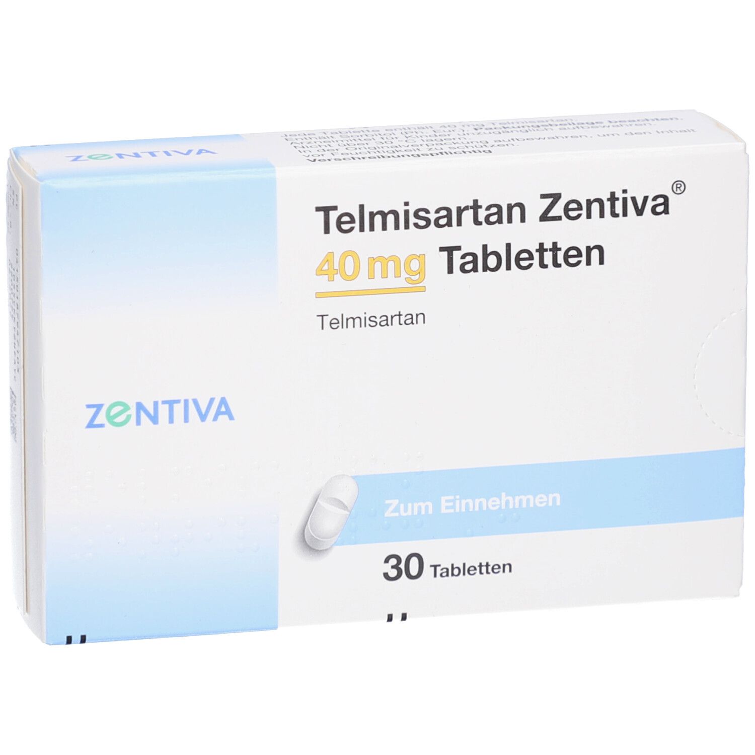 Schachtel Telmisartan Zentiva 40 mg Tabletten. 30 Tabletten. Aufschrift: Zum Einnehmen. Tablette abgebildet.