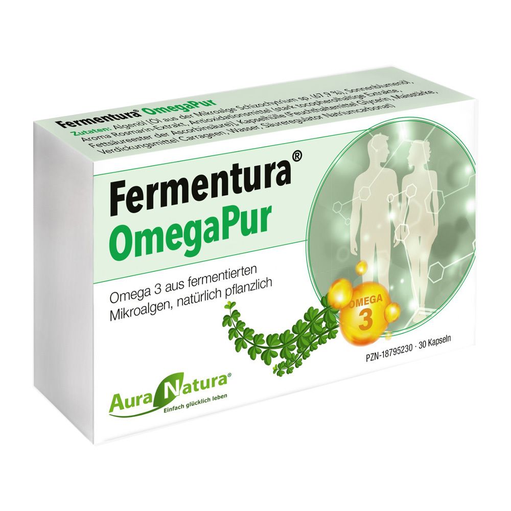 Weißer Karton mit "Fermentura OmegaPur". Enthält Omega 3 aus Mikroalgen. Marke Aura Natura. Abbildung von Personen und Omega 3 Symbol.
