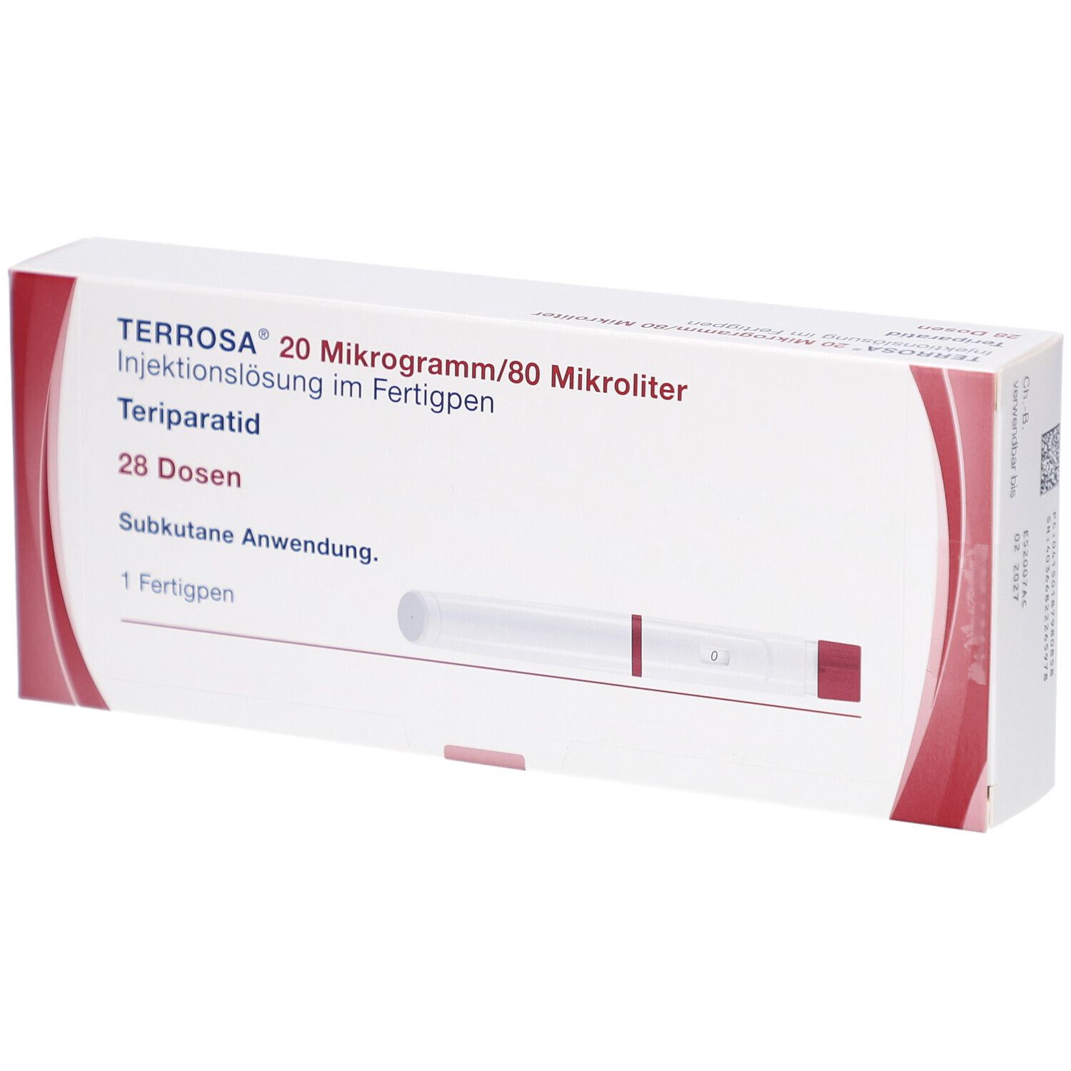 Verpackung von TERROSA 20 µg/80 µl Inj.-Lösung im Fertigpen. Enthält einen Fertigpen und 28 Dosen. Rote und weiße Farbgebung.