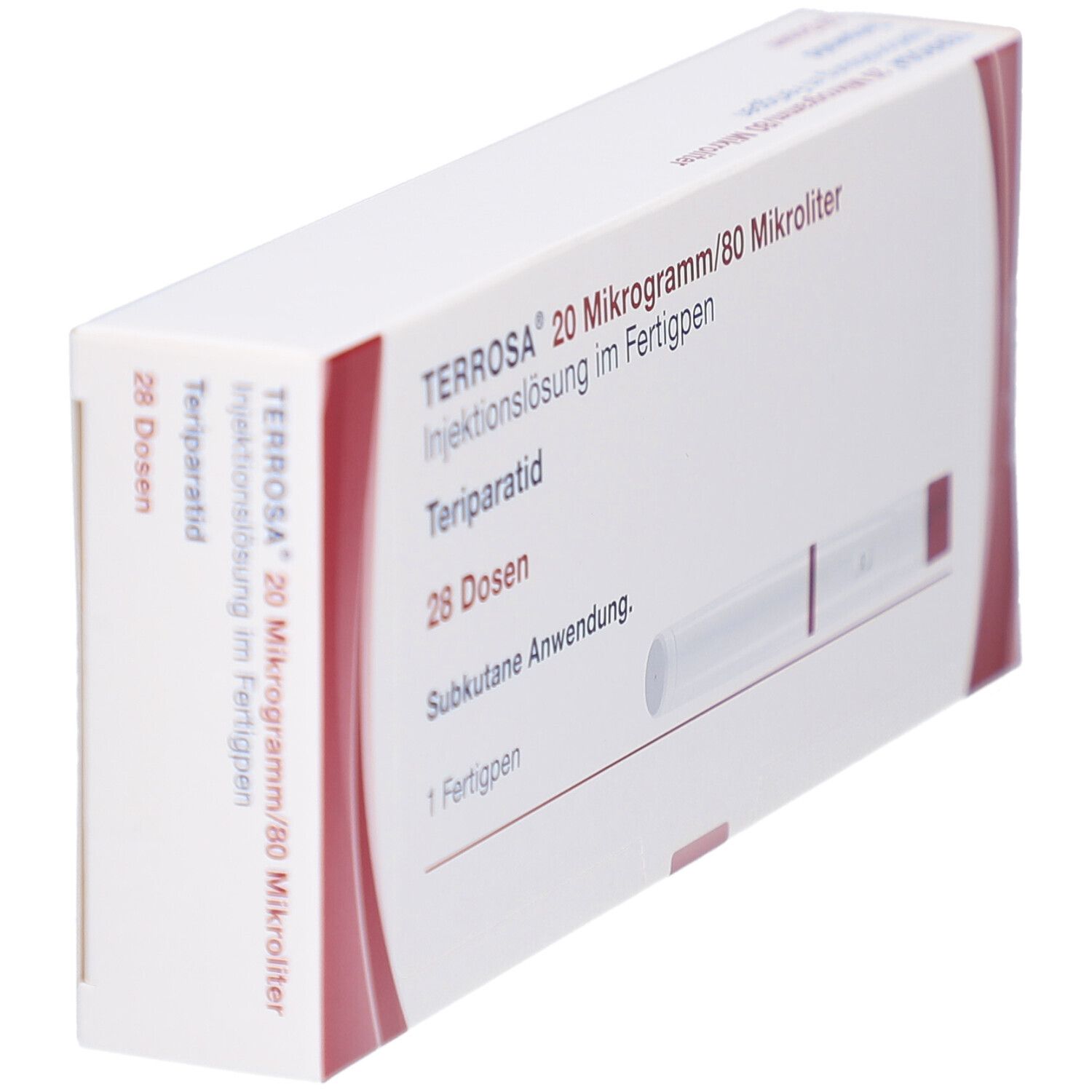 Schrägansicht der Verpackung von TERROSA 20 µg/80 µl Inj.-Lösung im Fertigpen. Enthält einen Fertigpen und 28 Dosen.