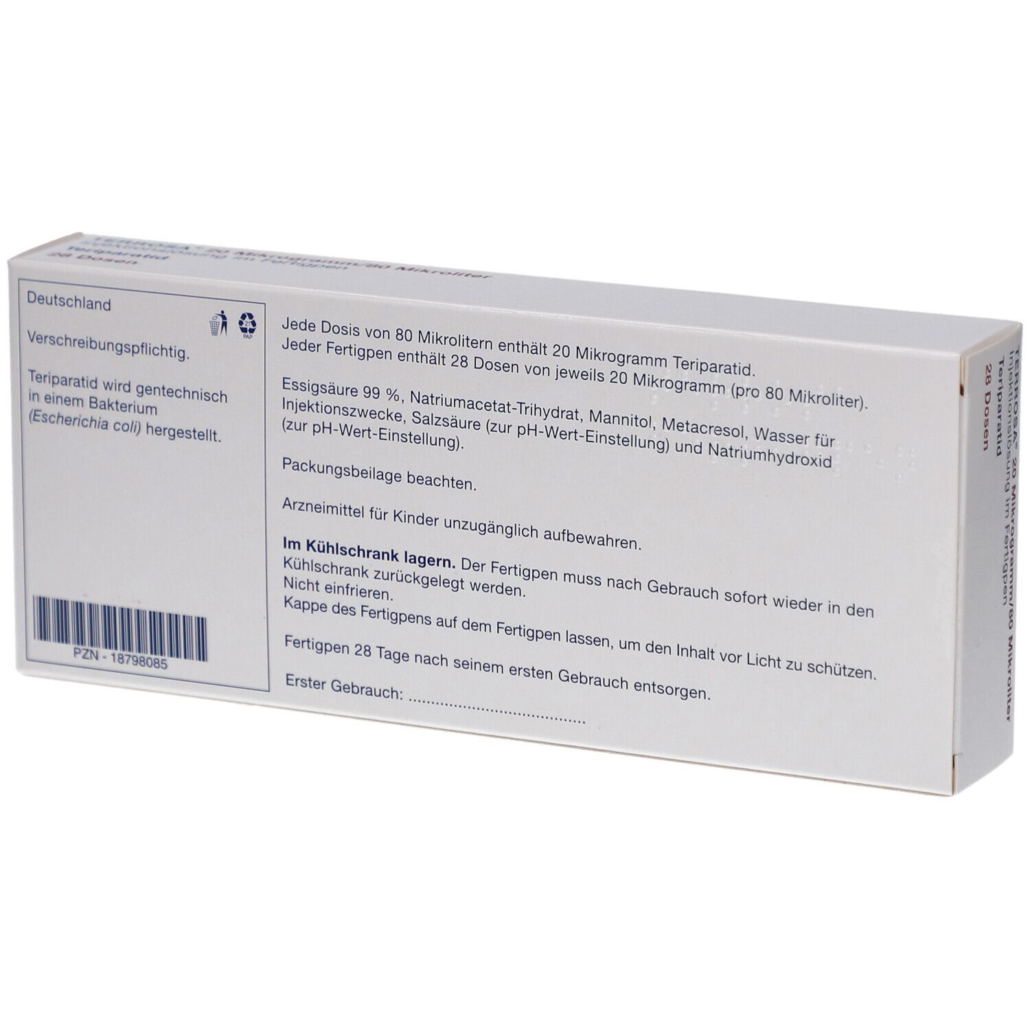 Rückseite der Verpackung von TERROSA 20 µg/80 µl Inj.-Lösung im Fertigpen. Text in deutscher Sprache. Enthält Informationen zur Anwendung.