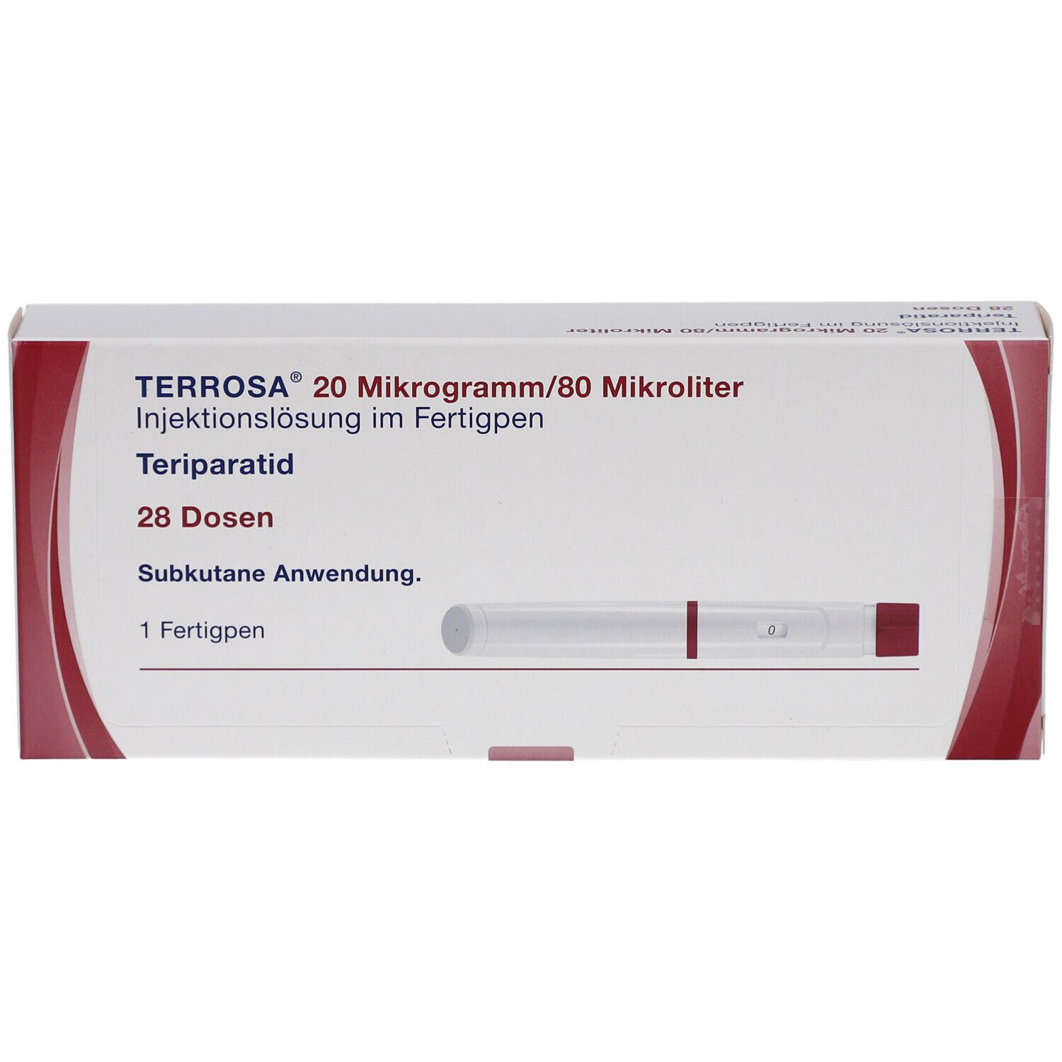 Verpackung von TERROSA 20 µg/80 µl Inj.-Lösung im Fertigpen. Enthält einen Fertigpen und 28 Dosen. Rote und weiße Farbgebung.