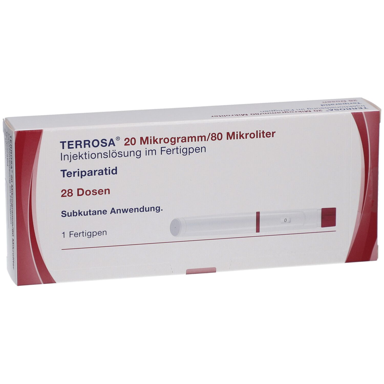 Schrägansicht der Verpackung von TERROSA 20 µg/80 µl Inj.-Lösung im Fertigpen. Enthält einen Fertigpen und 28 Dosen.