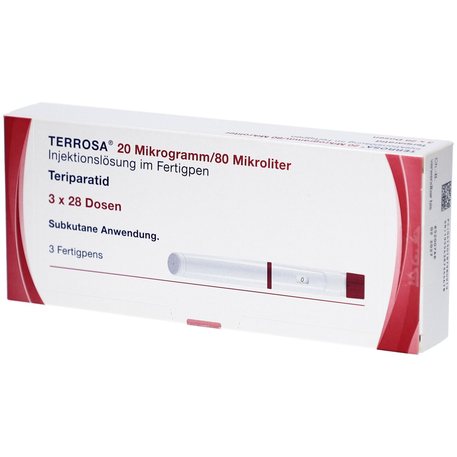 Weiße Verpackung mit roter Akzentlinie. Text: TERROSA, 20 Mikrogramm/80 Mikroliter, Injektionslösung im Fertigpen. 3 Fertigpens.