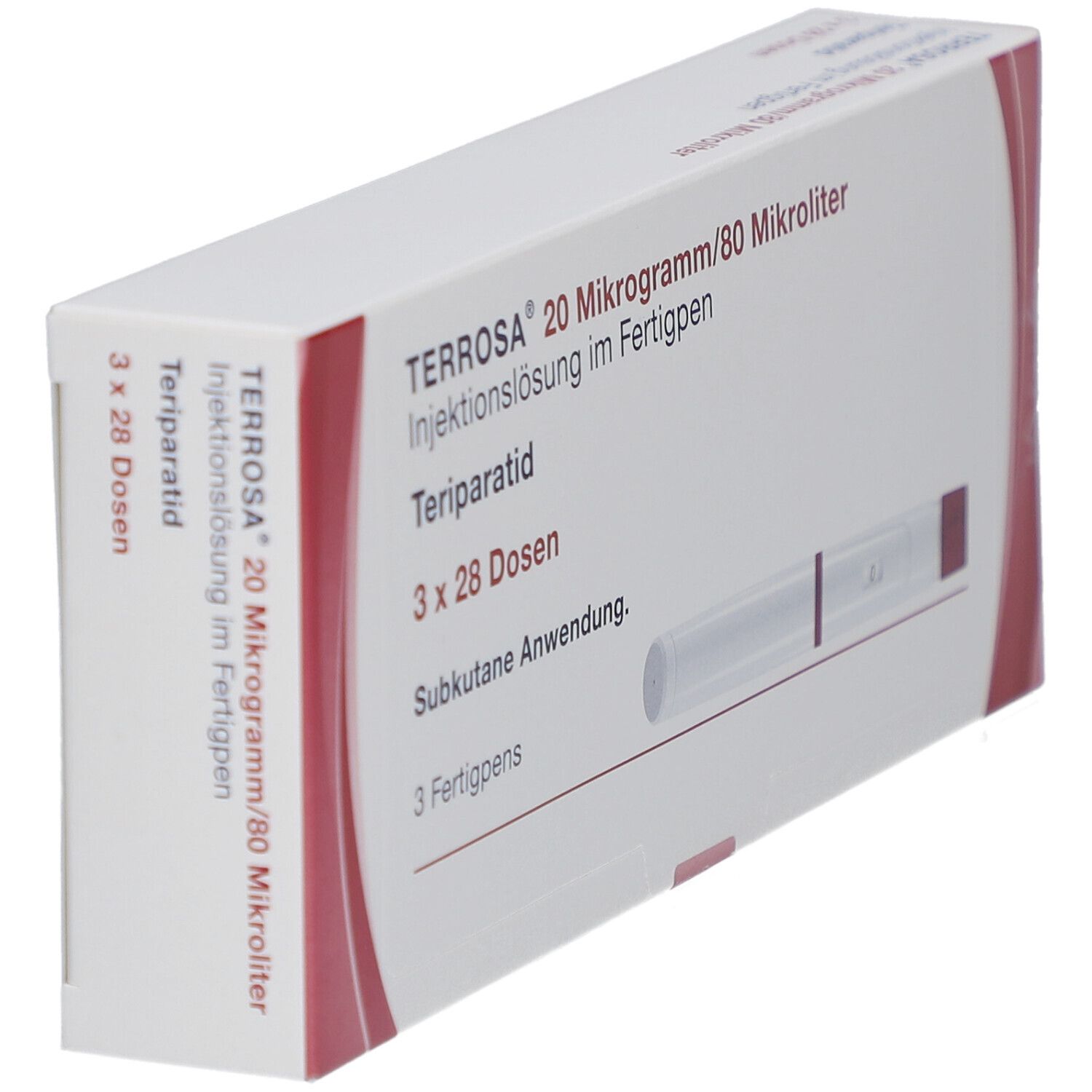 Weiße Verpackung mit roter Akzentlinie. Text: TERROSA, 20 Mikrogramm/80 Mikroliter, Injektionslösung im Fertigpen. 3 Fertigpens.