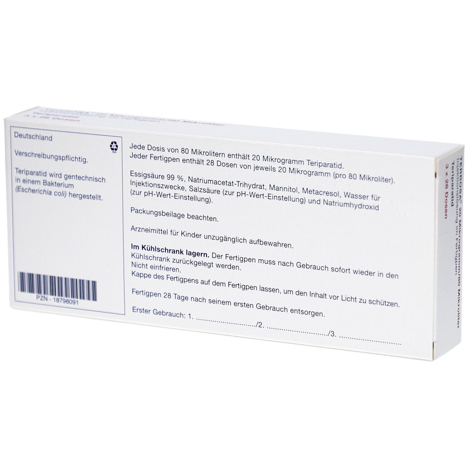 Rückseite der weißen Verpackung. Text: Informationen zur Anwendung und Lagerung. PZN-18798091.