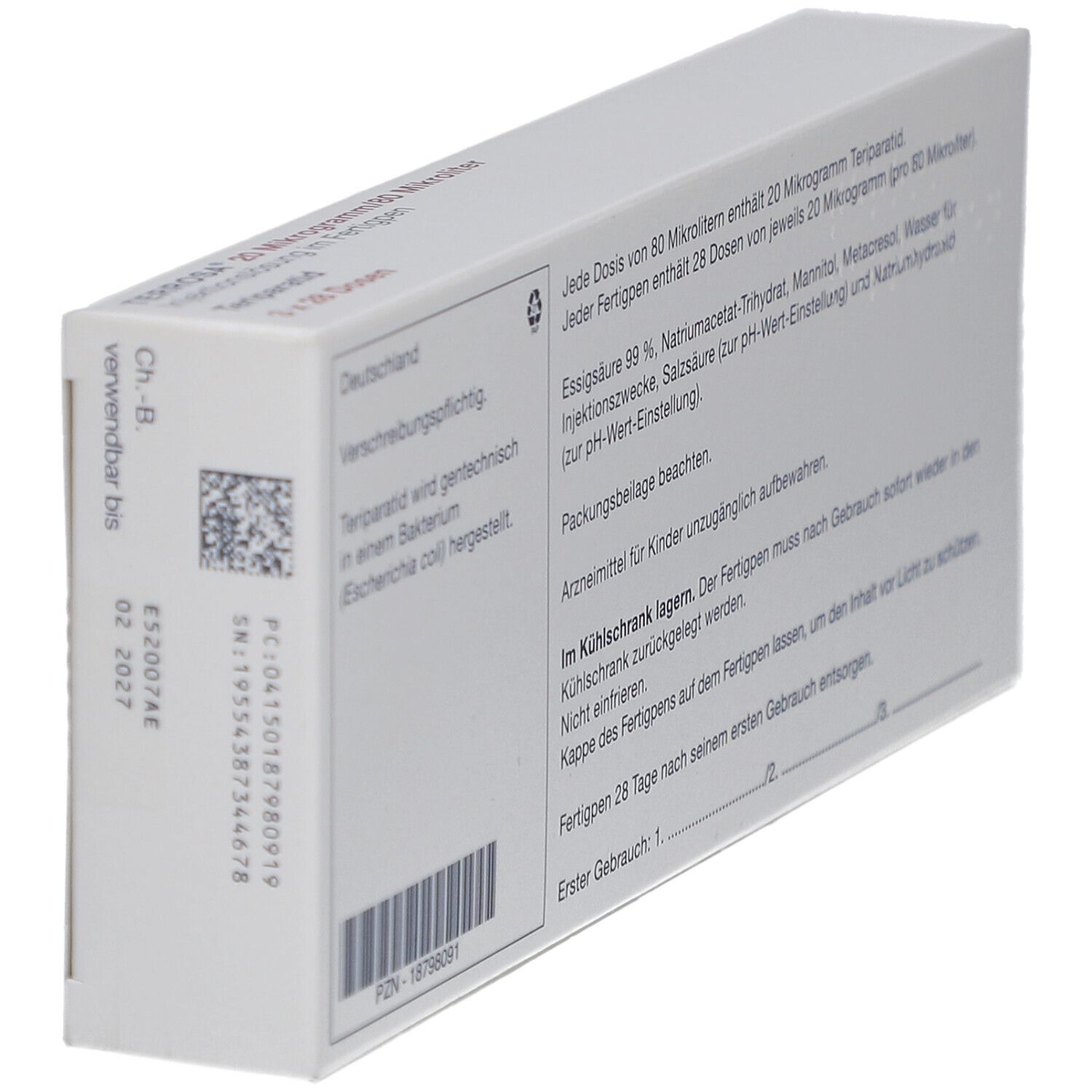 Rückseite der weißen Verpackung. Text: Informationen zur Anwendung und Lagerung. PZN-18798091.