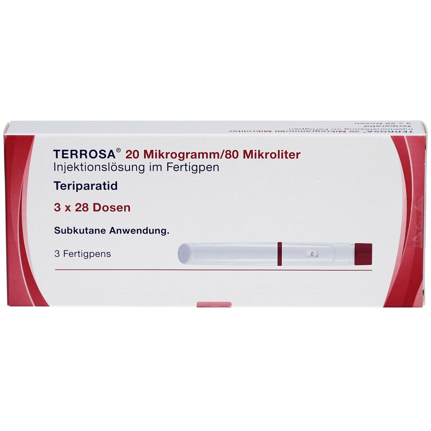 Weiße Verpackung mit roter Akzentlinie. Text: TERROSA, 20 Mikrogramm/80 Mikroliter, Injektionslösung im Fertigpen. 3 Fertigpens.