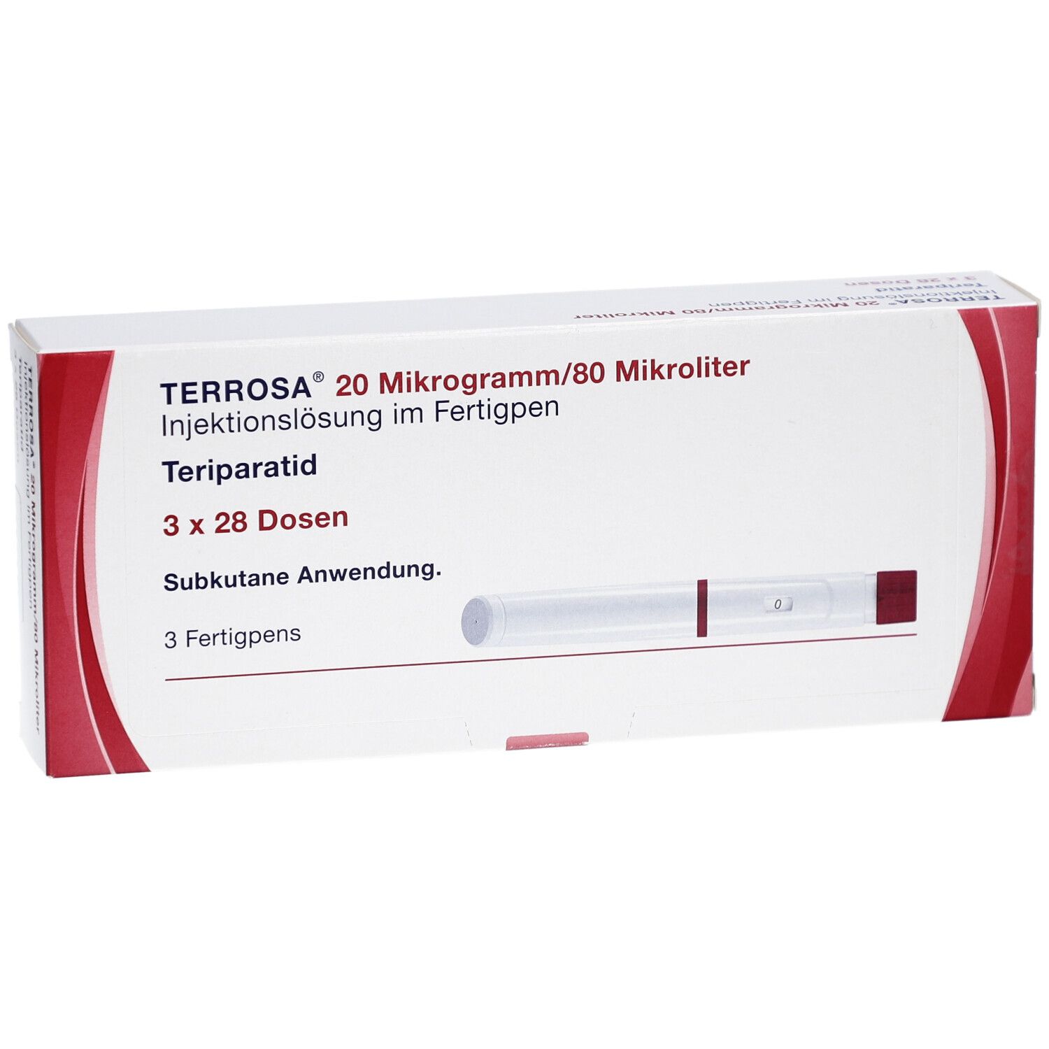Weiße Verpackung mit roter Akzentlinie. Text: TERROSA, 20 Mikrogramm/80 Mikroliter, Injektionslösung im Fertigpen. 3 Fertigpens.