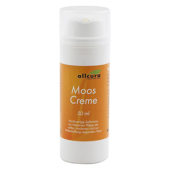 Weißer Spender mit orangefarbenem Etikett. Aufschrift: allcura, Moos Creme, 50 ml.