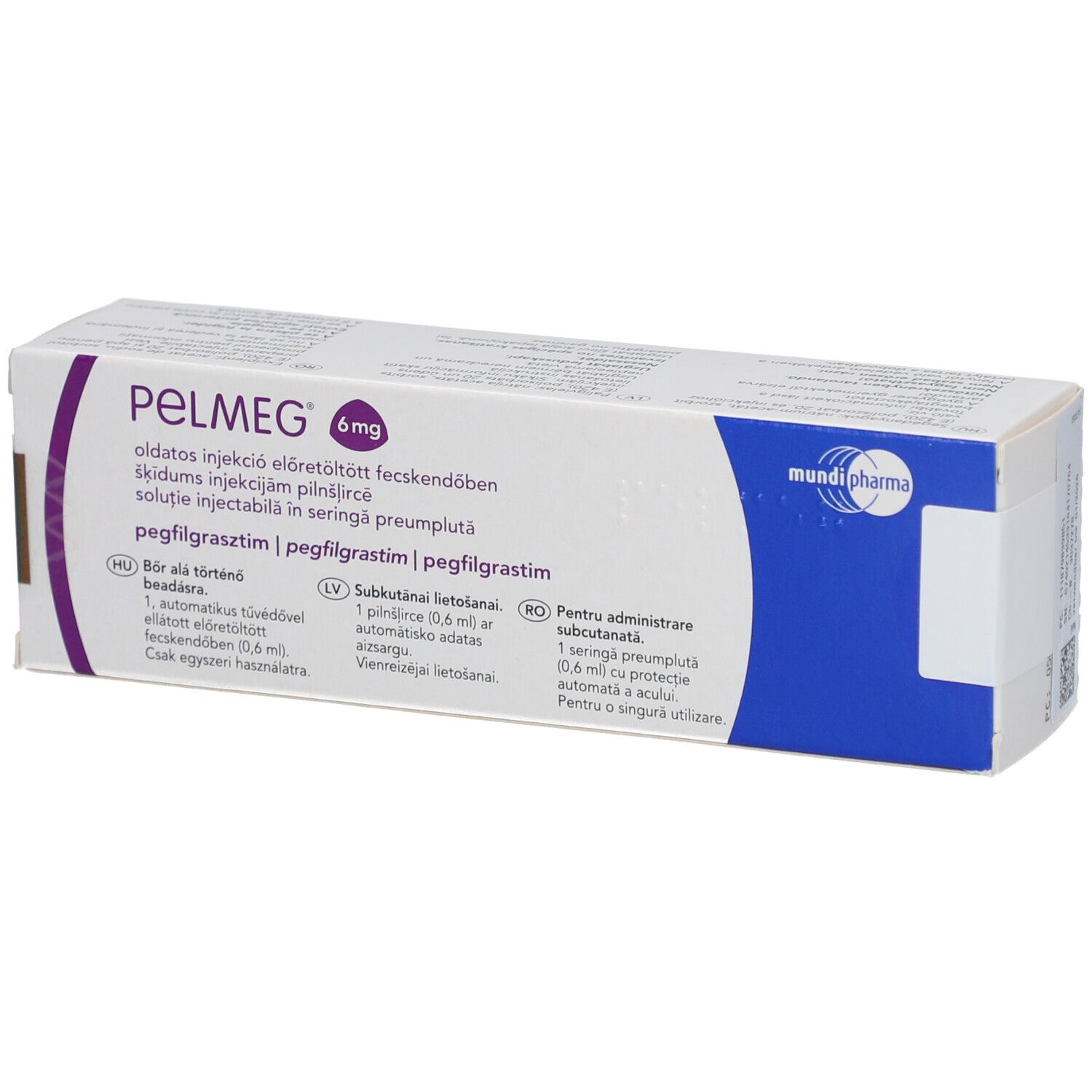 Verpackung von PELMEG 6 mg. Aufschrift: pegfilgrastim, Injektionslösung, Fertigspritze mit Nadelschutz.