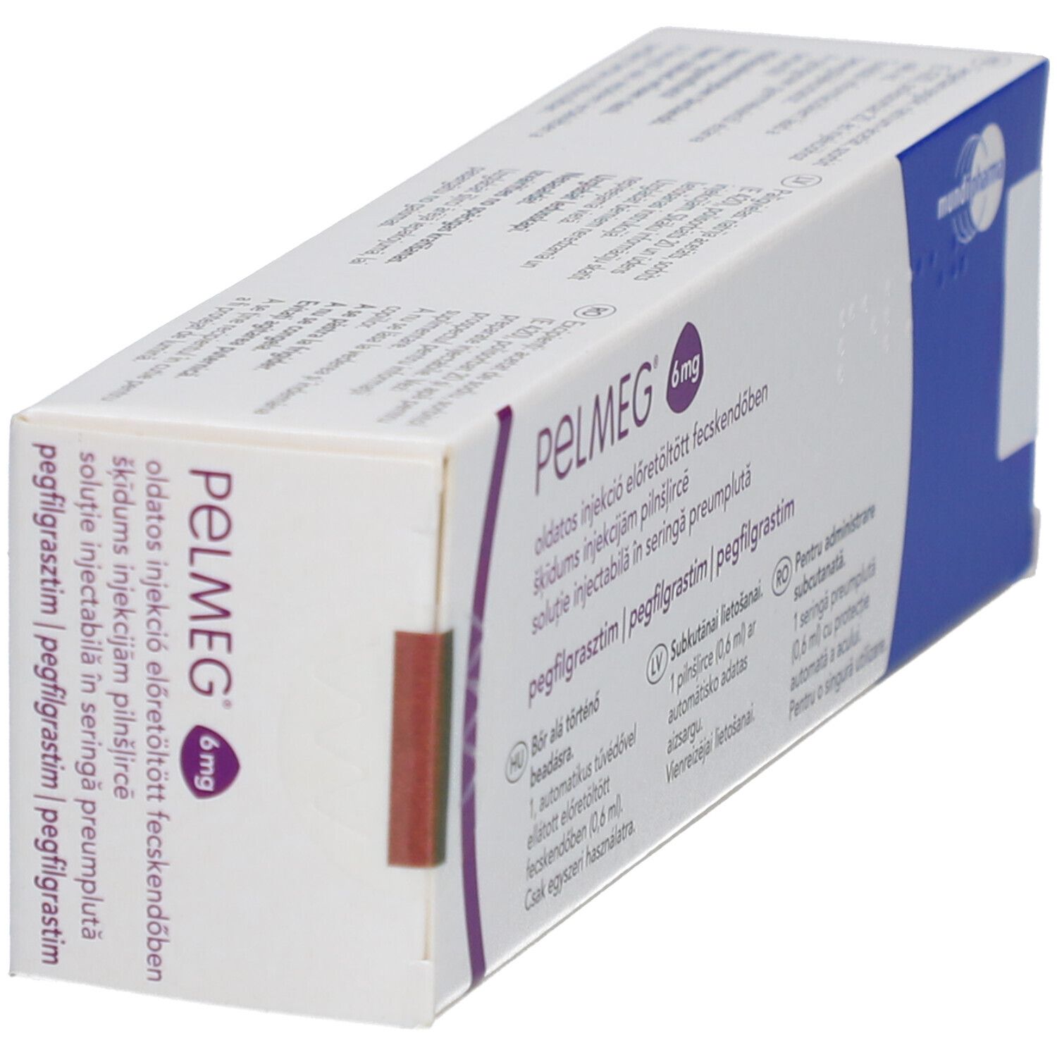 Schrägansicht der PELMEG 6 mg Verpackung. Aufschrift: pegfilgrastim, Injektionslösung, Fertigspritze.