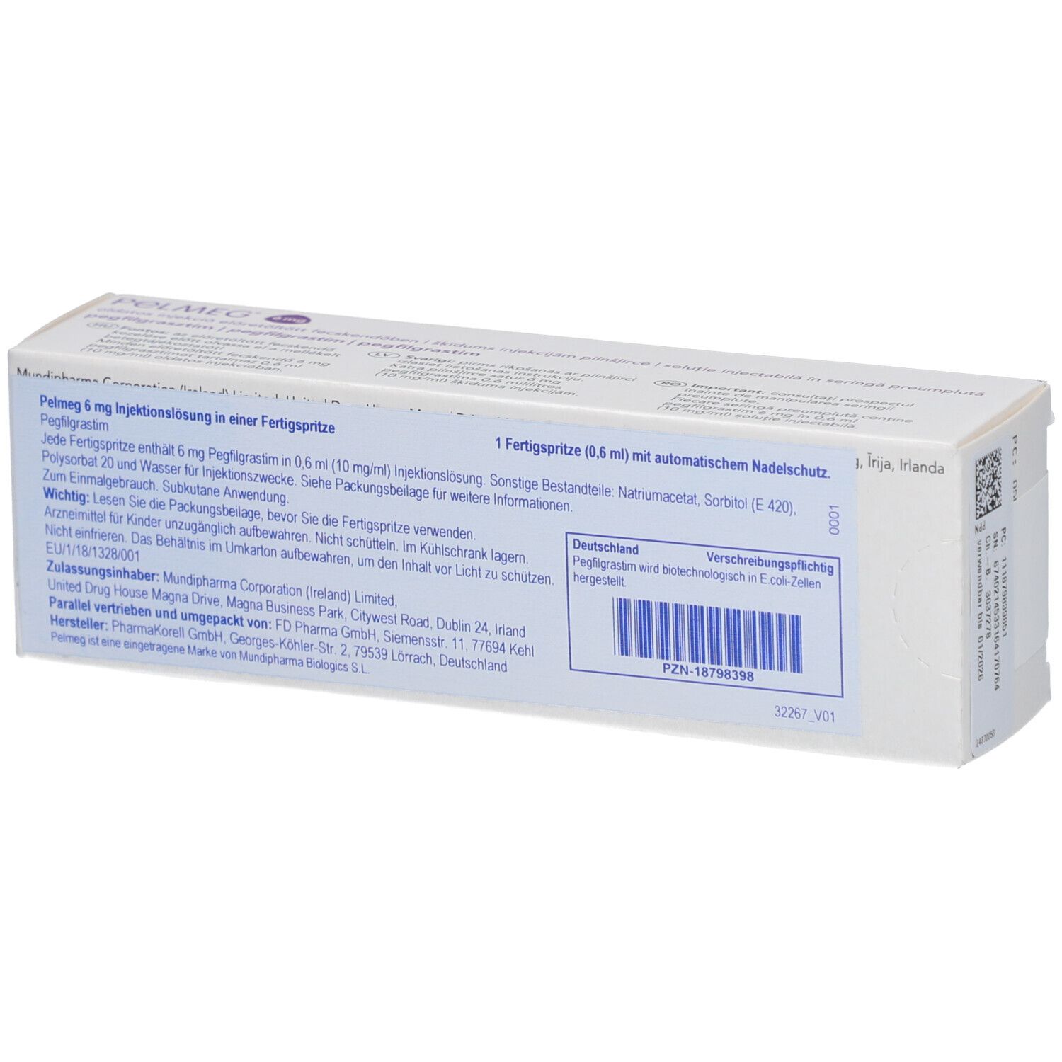 Rückseite der PELMEG 6 mg Verpackung. Informationen zur Anwendung und Inhaltsstoffe. Barcode.