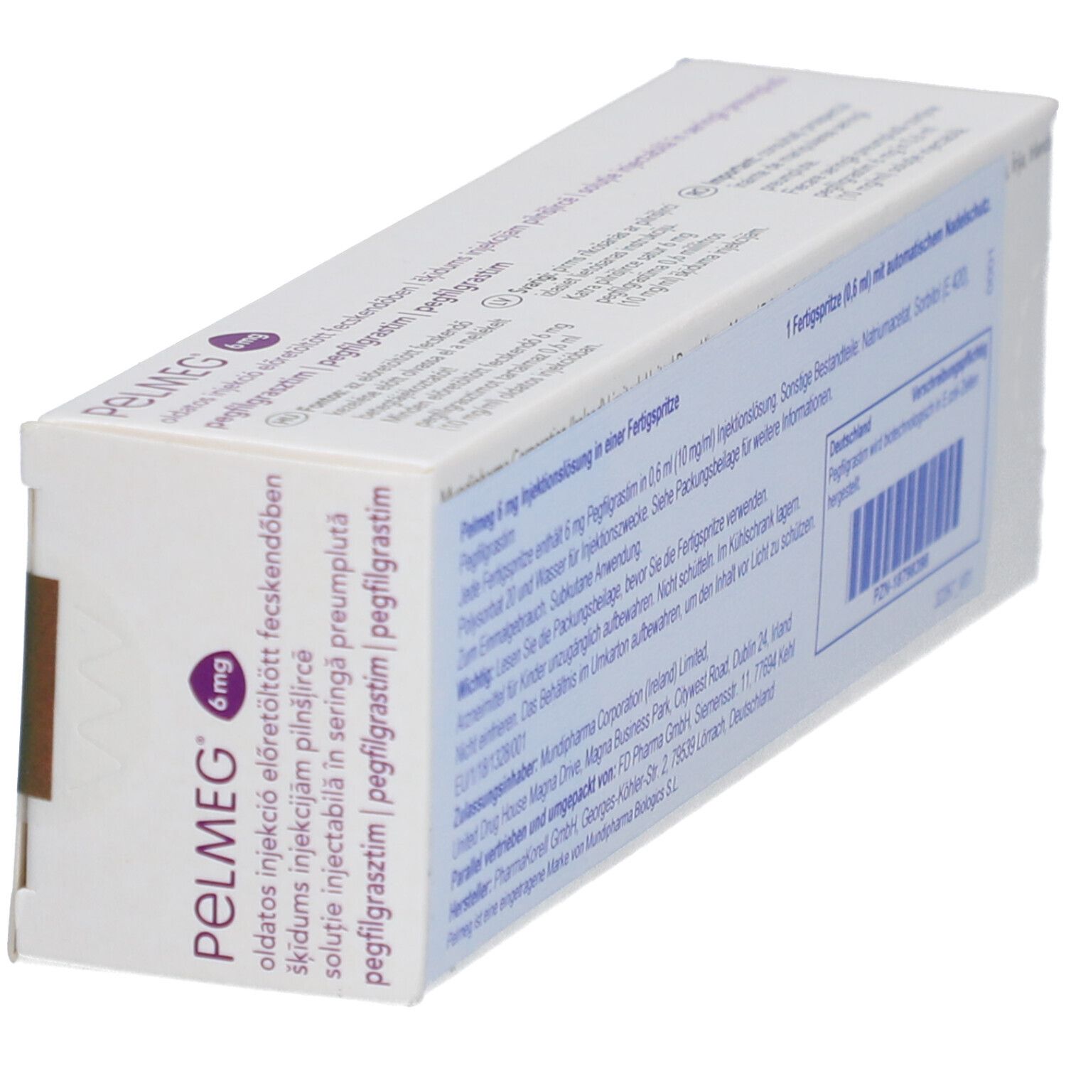 Schrägansicht der Rückseite der PELMEG 6 mg Verpackung. Aufschrift: pegfilgrastim, Injektionslösung.