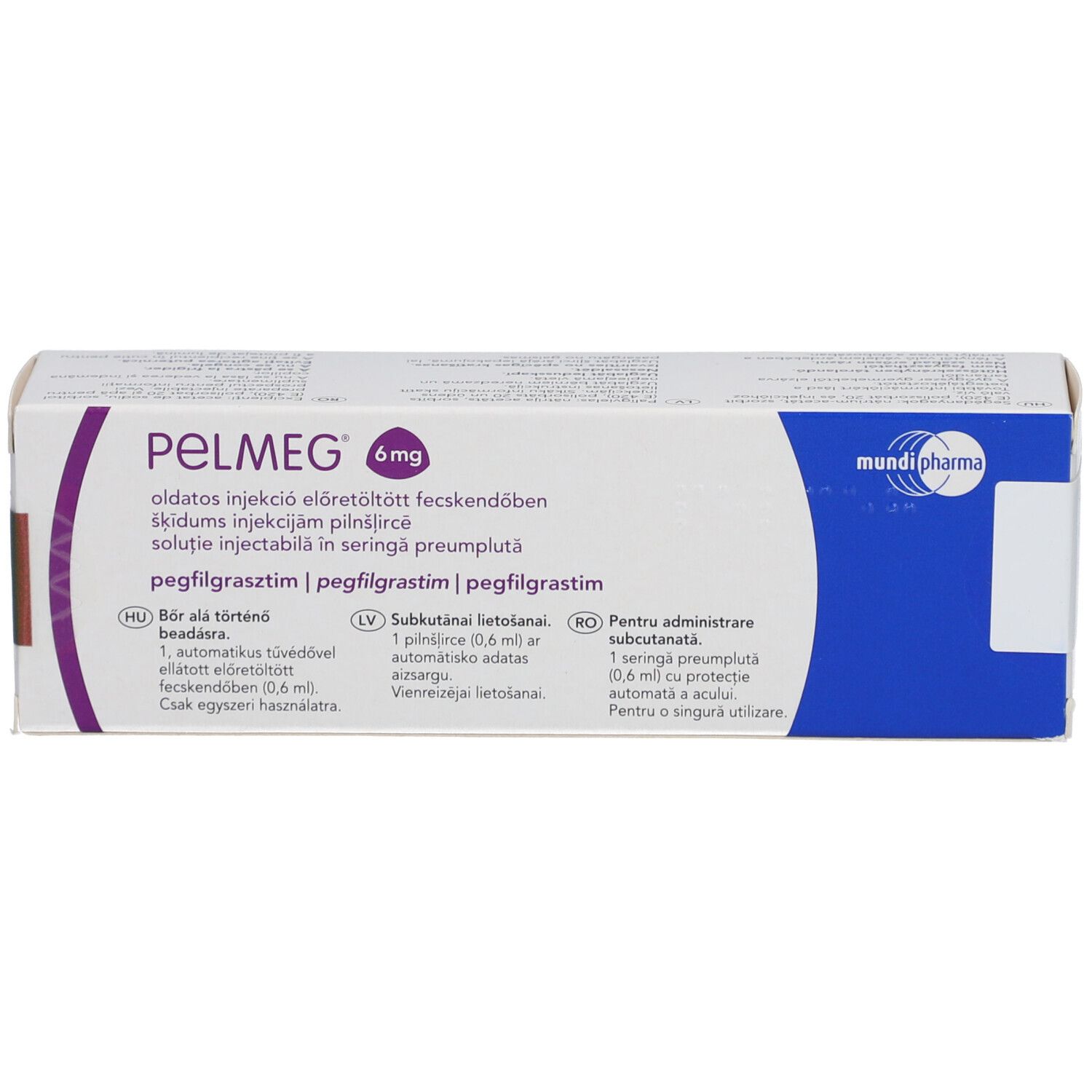 Vorderseite der PELMEG 6 mg Verpackung. Aufschrift: pegfilgrastim, Injektionslösung, Fertigspritze.
