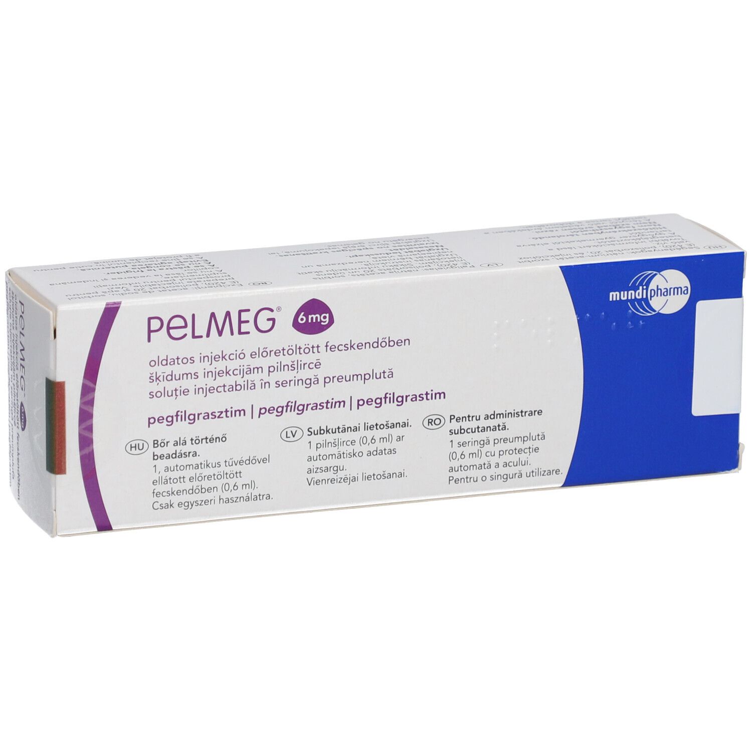 Vorderseite der PELMEG 6 mg Verpackung. Aufschrift: pegfilgrastim, Injektionslösung, Fertigspritze.