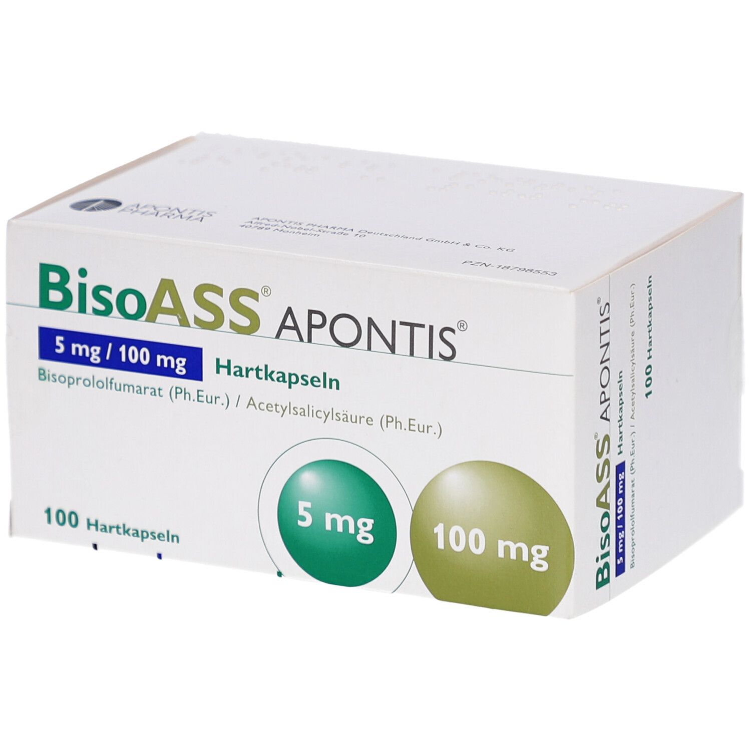 Weiße Schachtel mit Aufschrift BisoASS APONTIS 5 mg/100 mg Hartkapseln. Grün-gelbe Kreise mit Dosierungsangaben. 100 Hartkapseln.