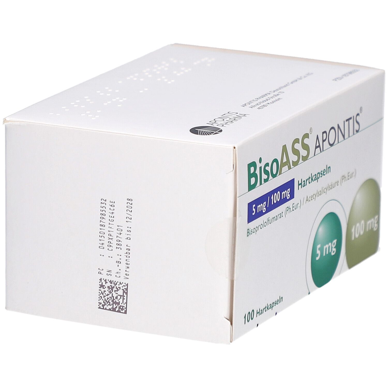 Weiße Schachtel mit Aufschrift BisoASS APONTIS 5 mg/100 mg Hartkapseln. Seitliche Ansicht mit Text und Barcode. 100 Hartkapseln.