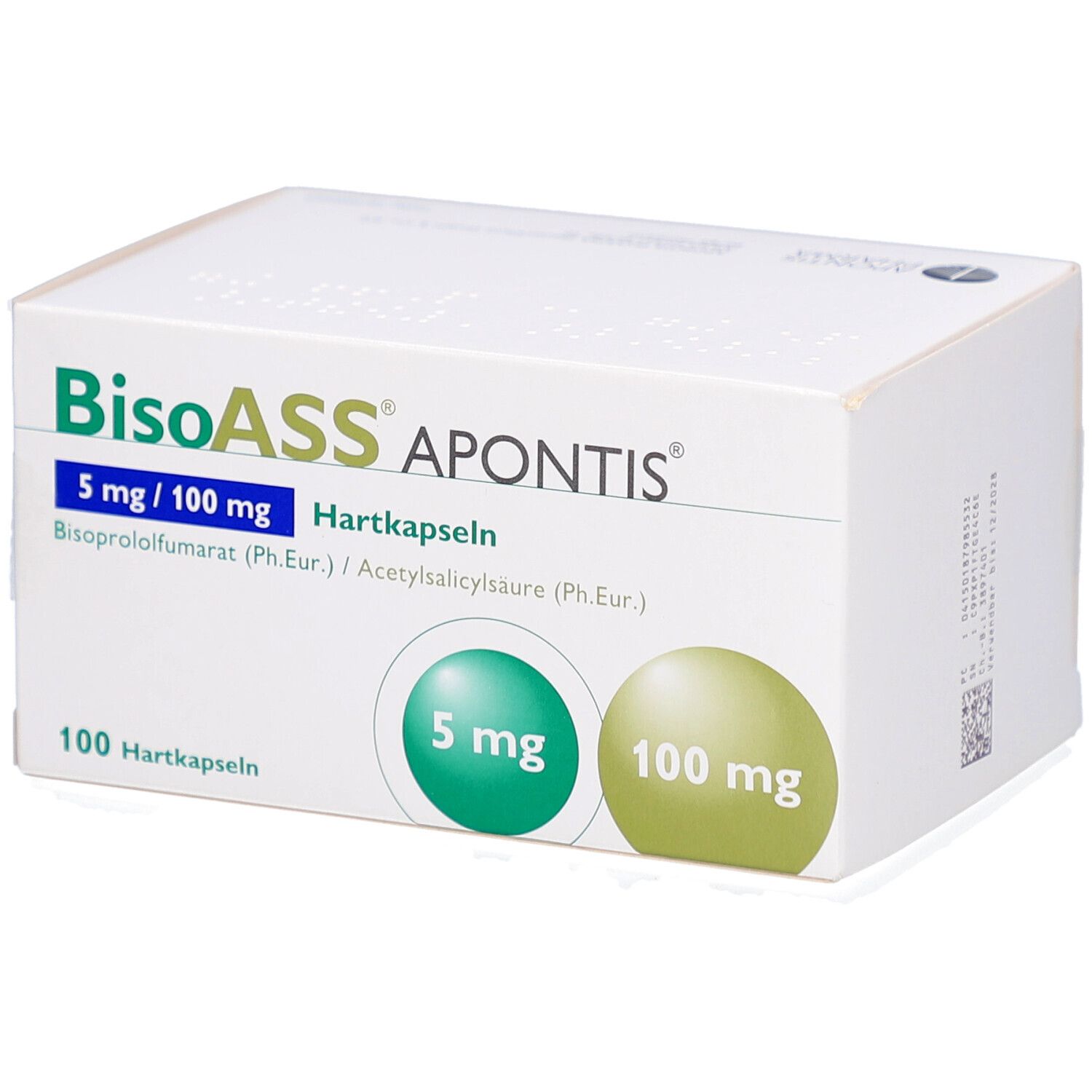 Weiße Schachtel mit Aufschrift BisoASS APONTIS 5 mg/100 mg Hartkapseln. Grün-gelbe Kreise mit Dosierungsangaben. 100 Hartkapseln.