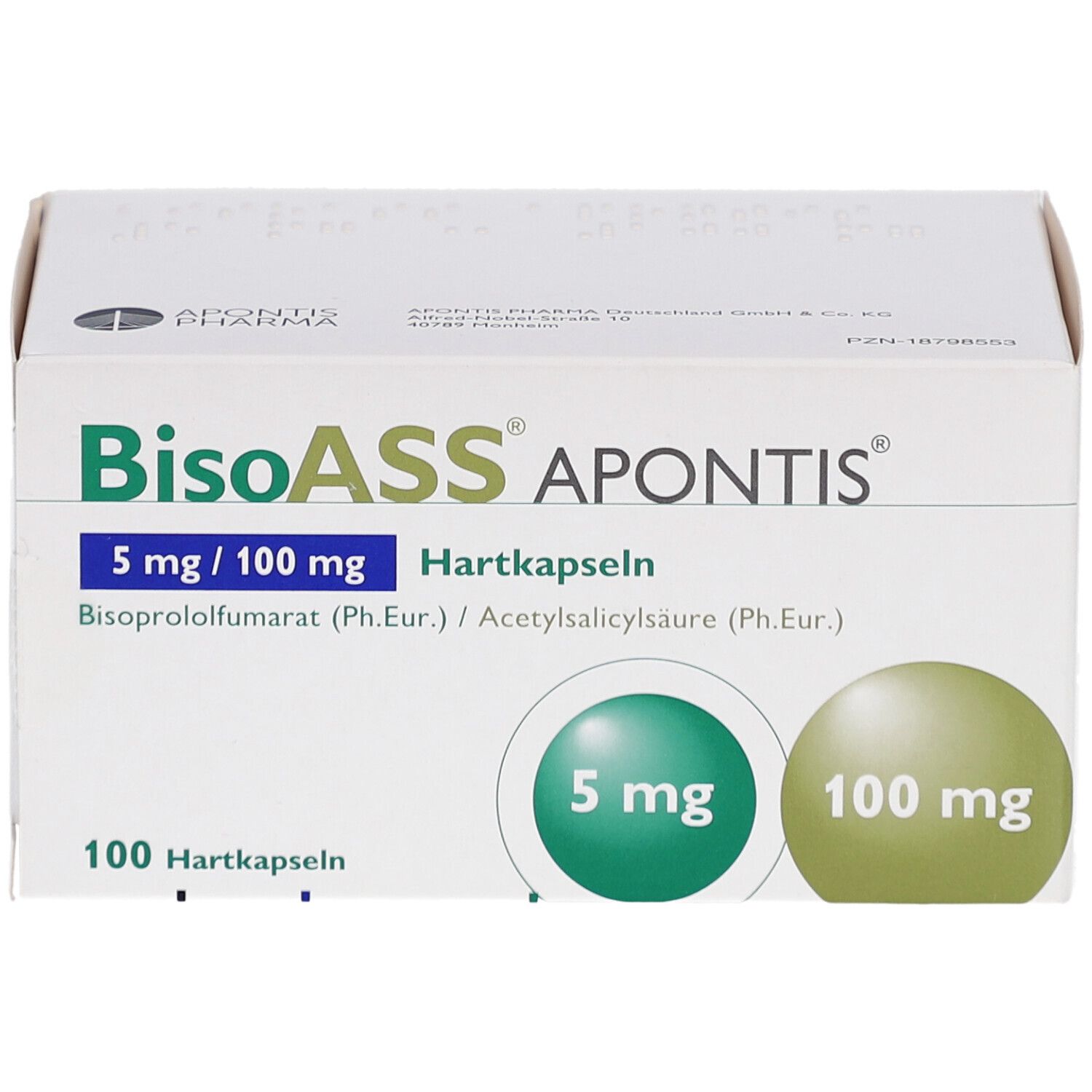 Weiße Schachtel mit blauer Aufschrift BisoASS APONTIS 5 mg/100 mg Hartkapseln. Grün-gelbe Kreise mit Dosierungsangaben. 100 Hartkapseln.