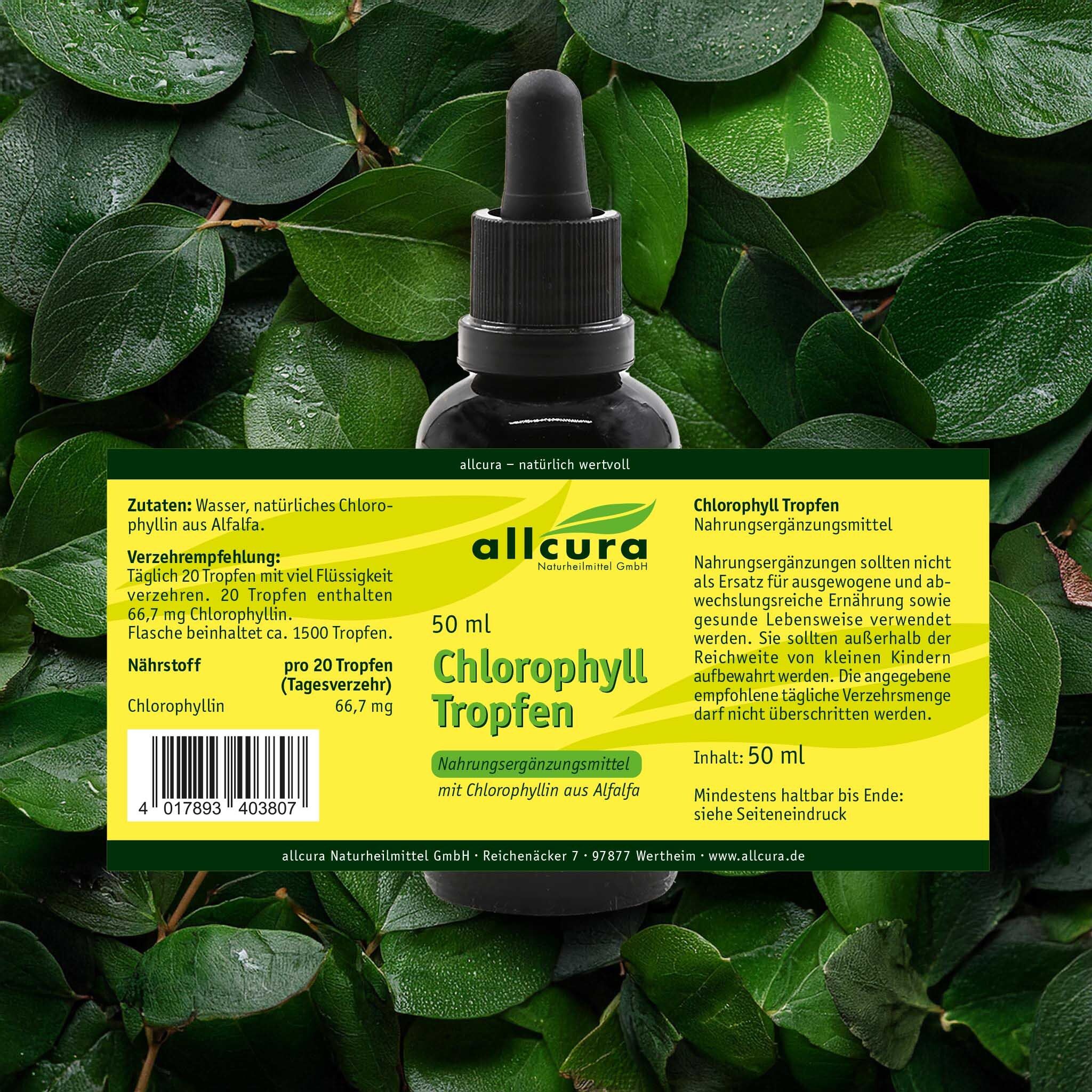 Braune Glasflasche mit Pipette, umgeben von Blättern. Aufschrift: allcura Chlorophyll Tropfen, 50 ml.