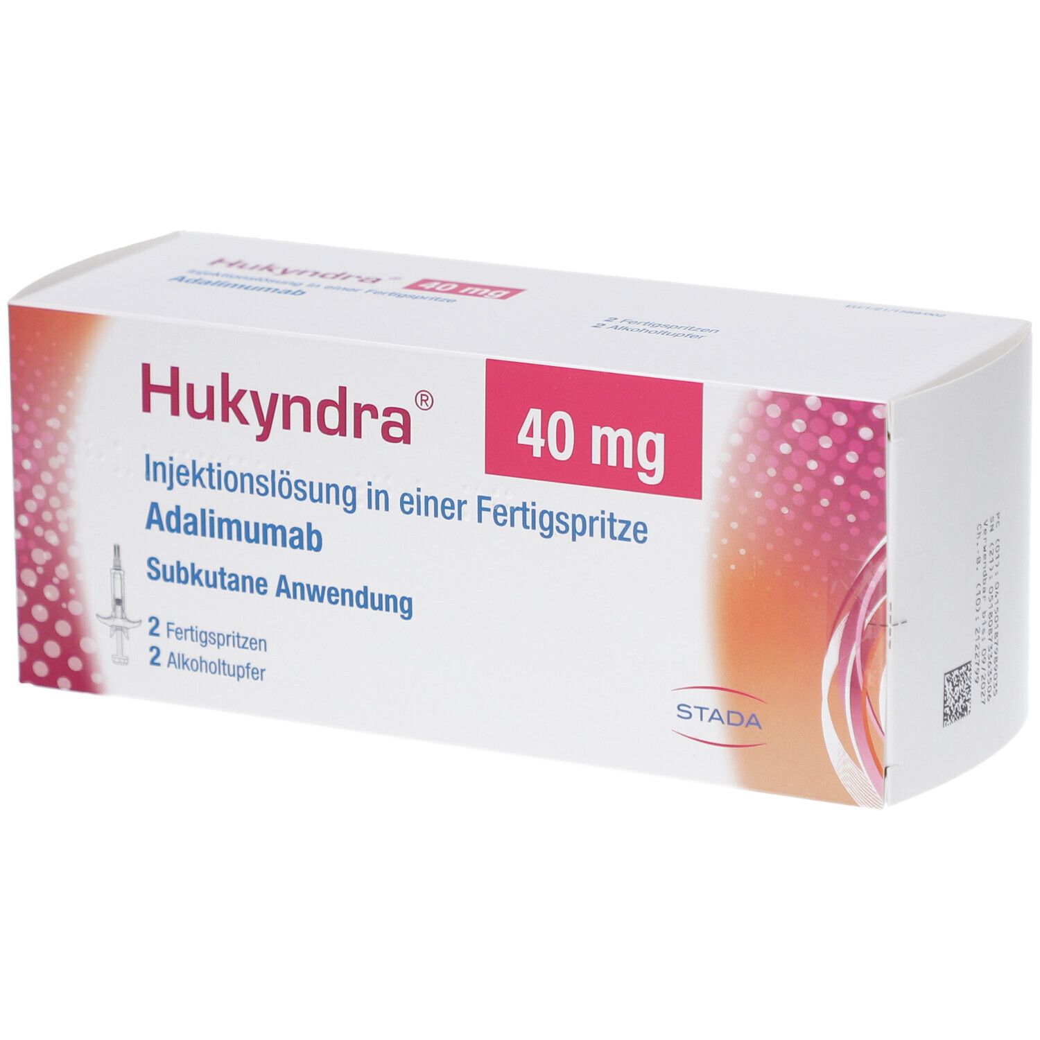 Verpackung von Hukyndra 40 mg. Aufschrift: Injektionslösung in Fertigspritze. Enthält 2 Fertigspritzen und 2 Alkoholtupfer.