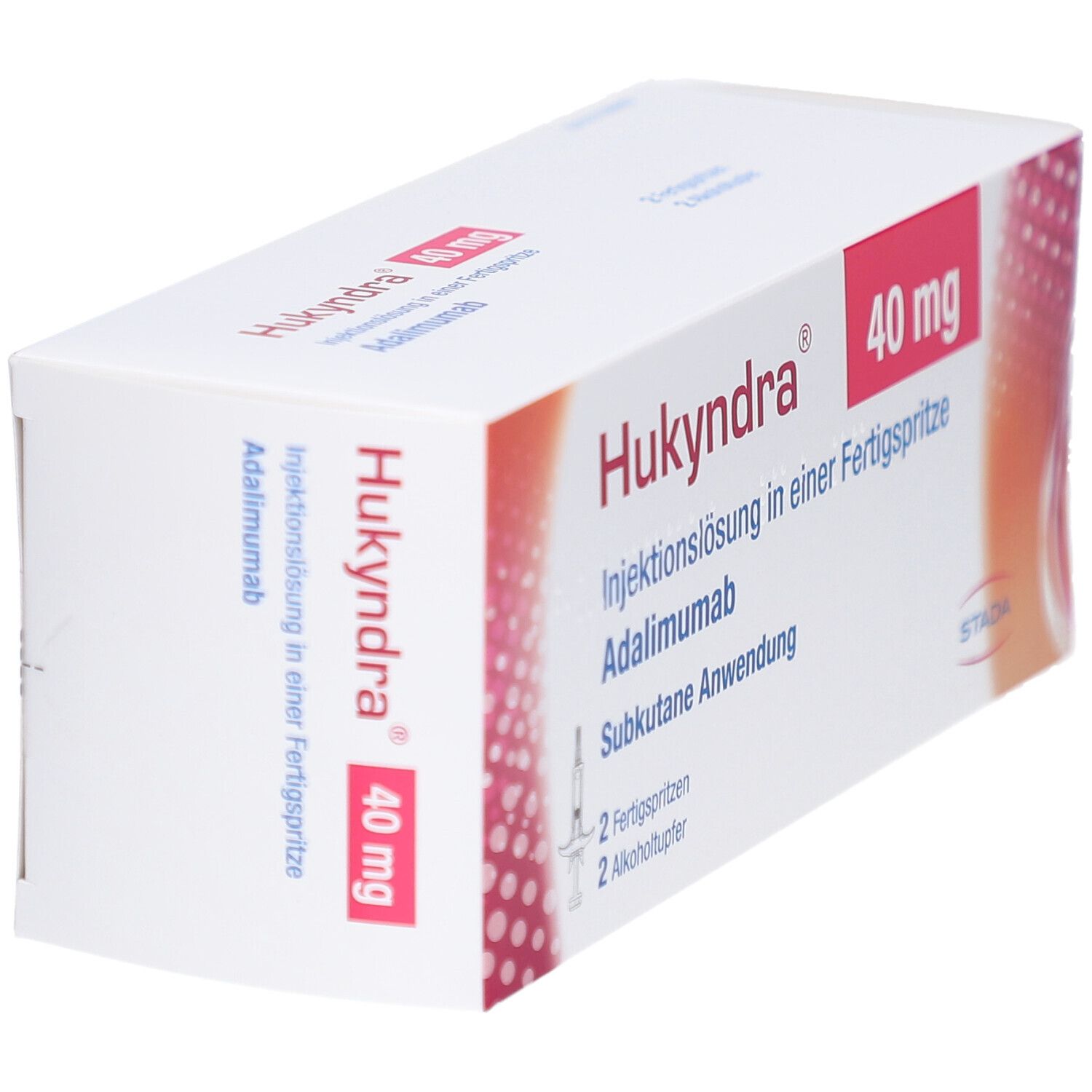Hukyndra 40 mg Verpackung. Aufschrift: Injektionslösung in Fertigspritze. Adalimumab. Subkutane Anwendung. STADA Logo.