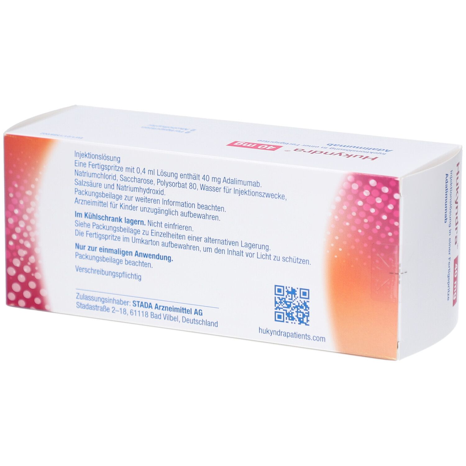 Rückseite der Hukyndra 40 mg Verpackung. Text: Injektionslösung. Zusammensetzung. Hinweise zur Aufbewahrung. STADA Logo.