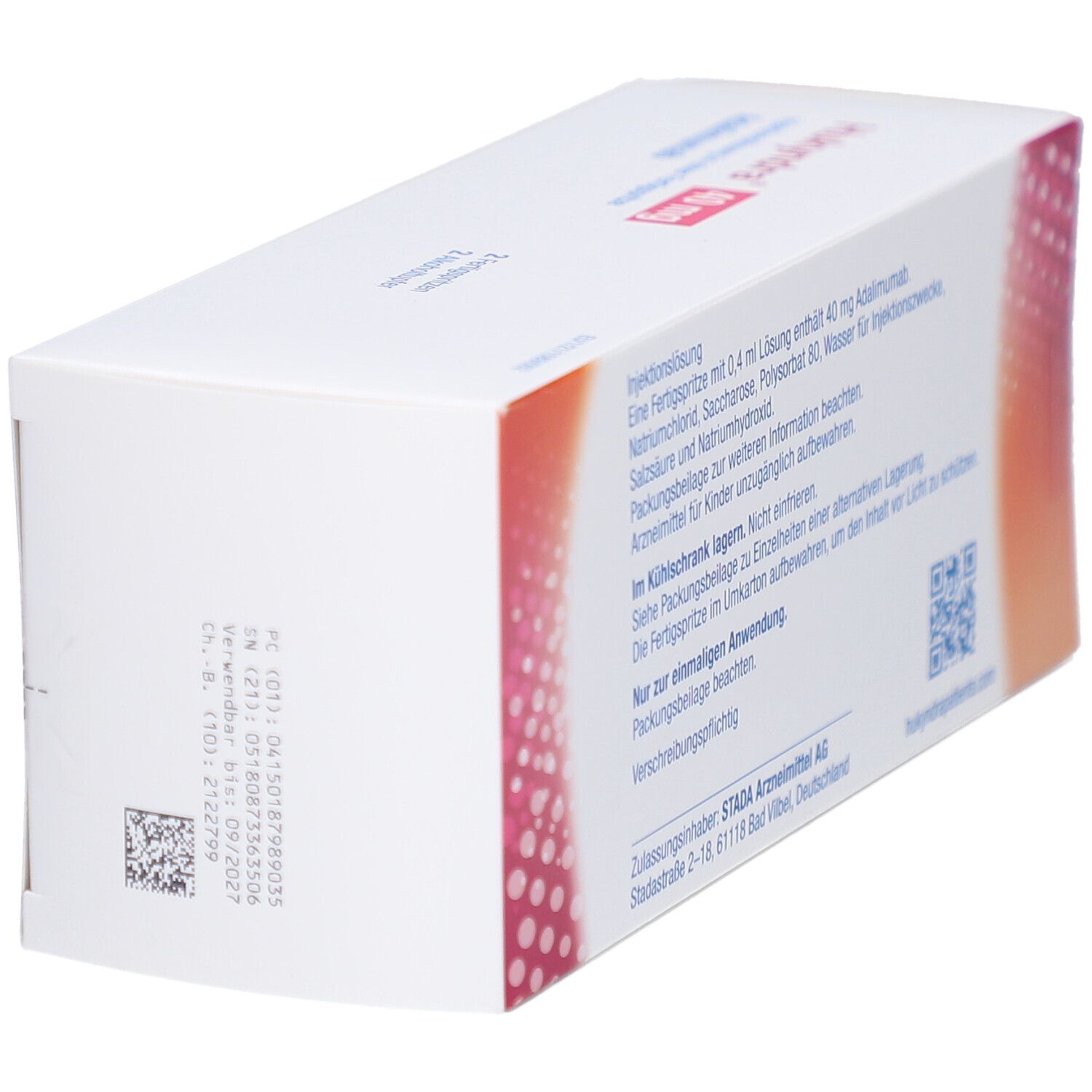 Unterseite der Hukyndra 40 mg Verpackung. Text: Chargennummer, Verfallsdatum, Herstellerinformationen. QR-Code.