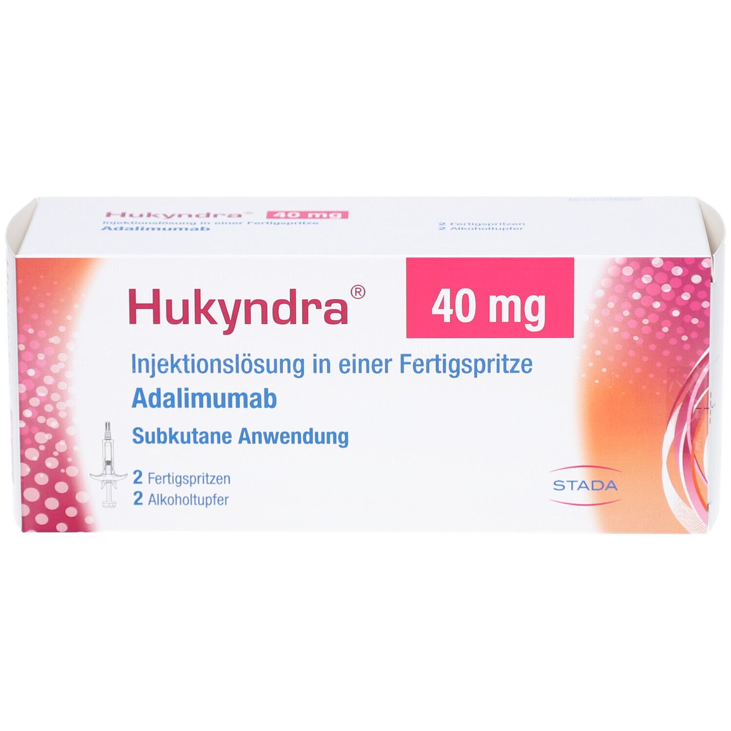 Hukyndra 40 mg Verpackung. Aufschrift: Injektionslösung in Fertigspritze. Adalimumab. 2 Fertigspritzen, 2 Alkoholtupfer.