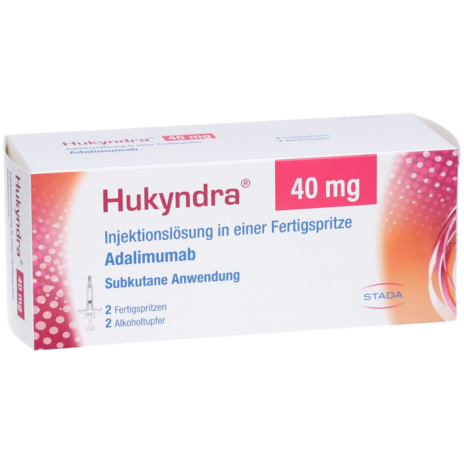 Hukyndra 40 mg Verpackung. Aufschrift: Injektionslösung in Fertigspritze. Adalimumab. STADA Logo.