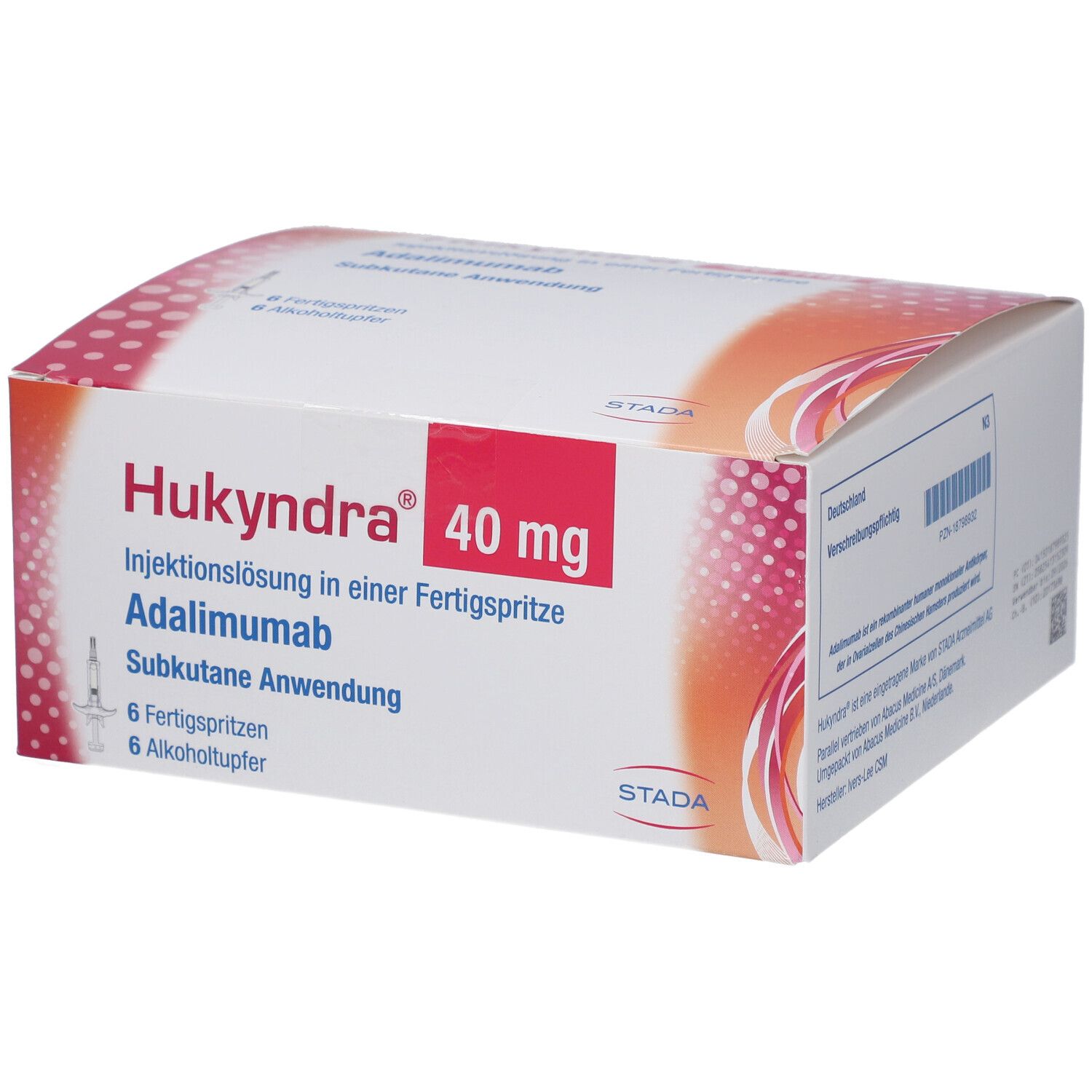 Packung Hukyndra 40 mg, Fertigspritze. Enthält 6 Fertigspritzen und Alkoholtupfer. STADA Logo.