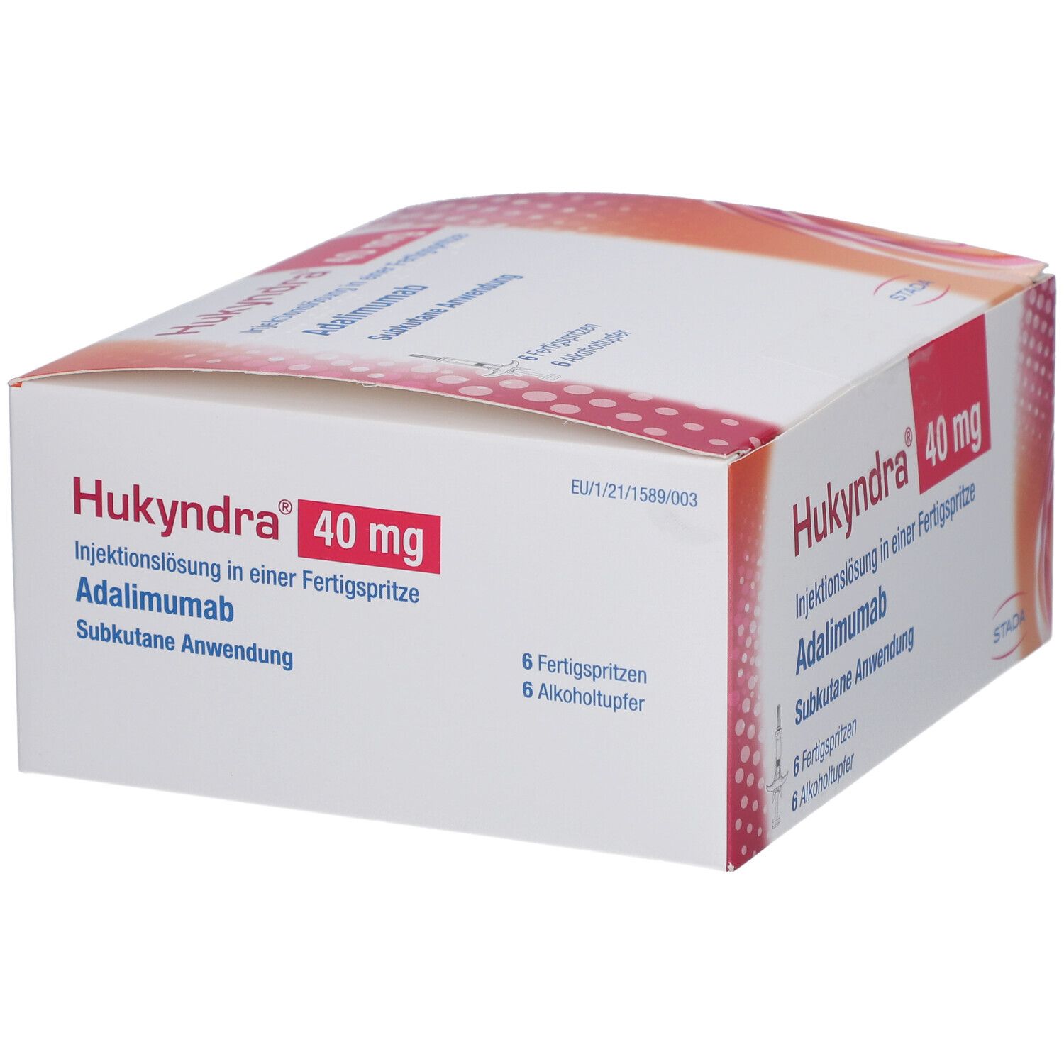 Hukyndra 40 mg Packung, Fertigspritze. Enthält 6 Fertigspritzen und Alkoholtupfer. STADA Logo.