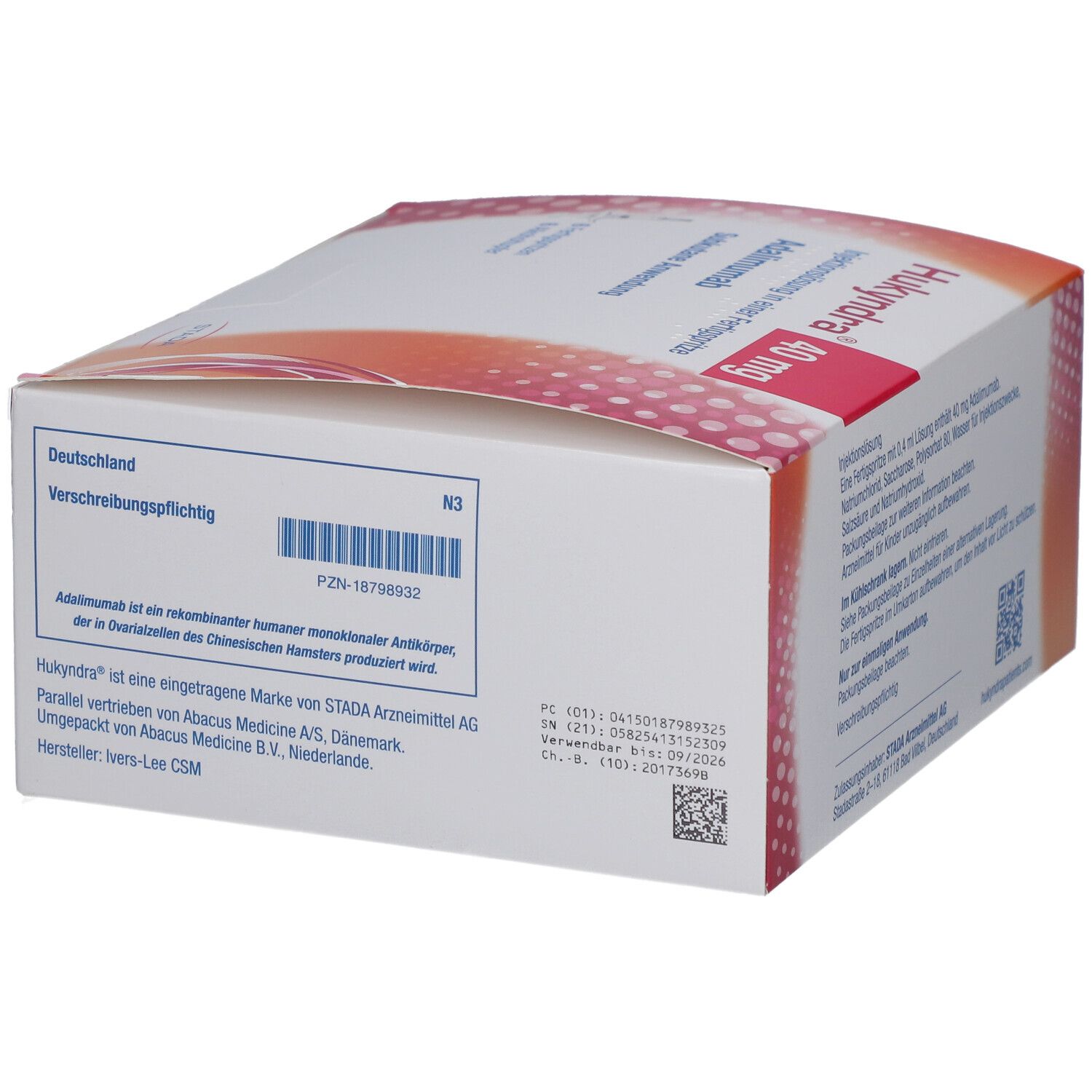 Rückseite der Hukyndra 40 mg Packung. Enthält Informationen und Barcode. STADA Logo.
