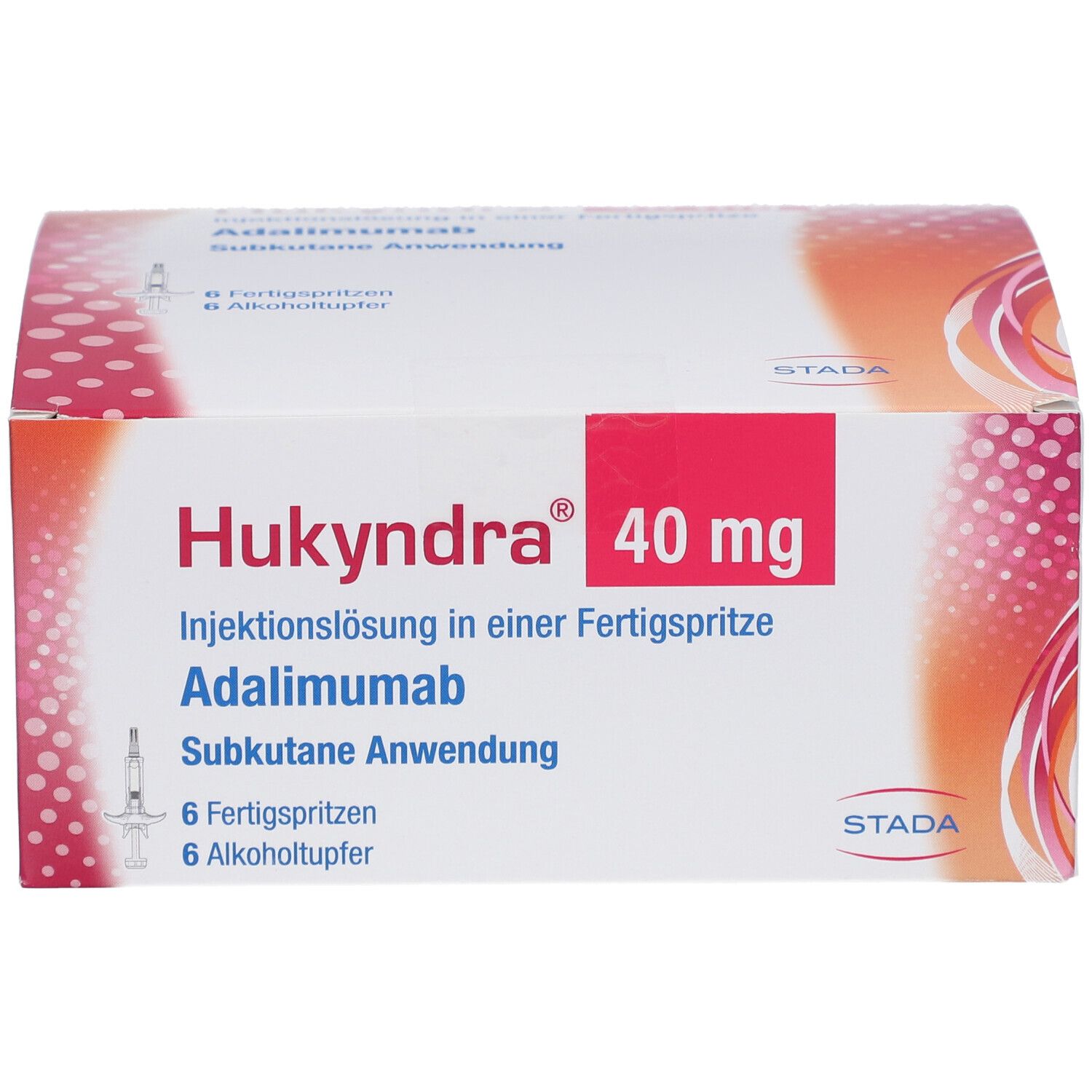 Hukyndra 40 mg Packung, Fertigspritze. Enthält 6 Fertigspritzen und Alkoholtupfer. STADA Logo.